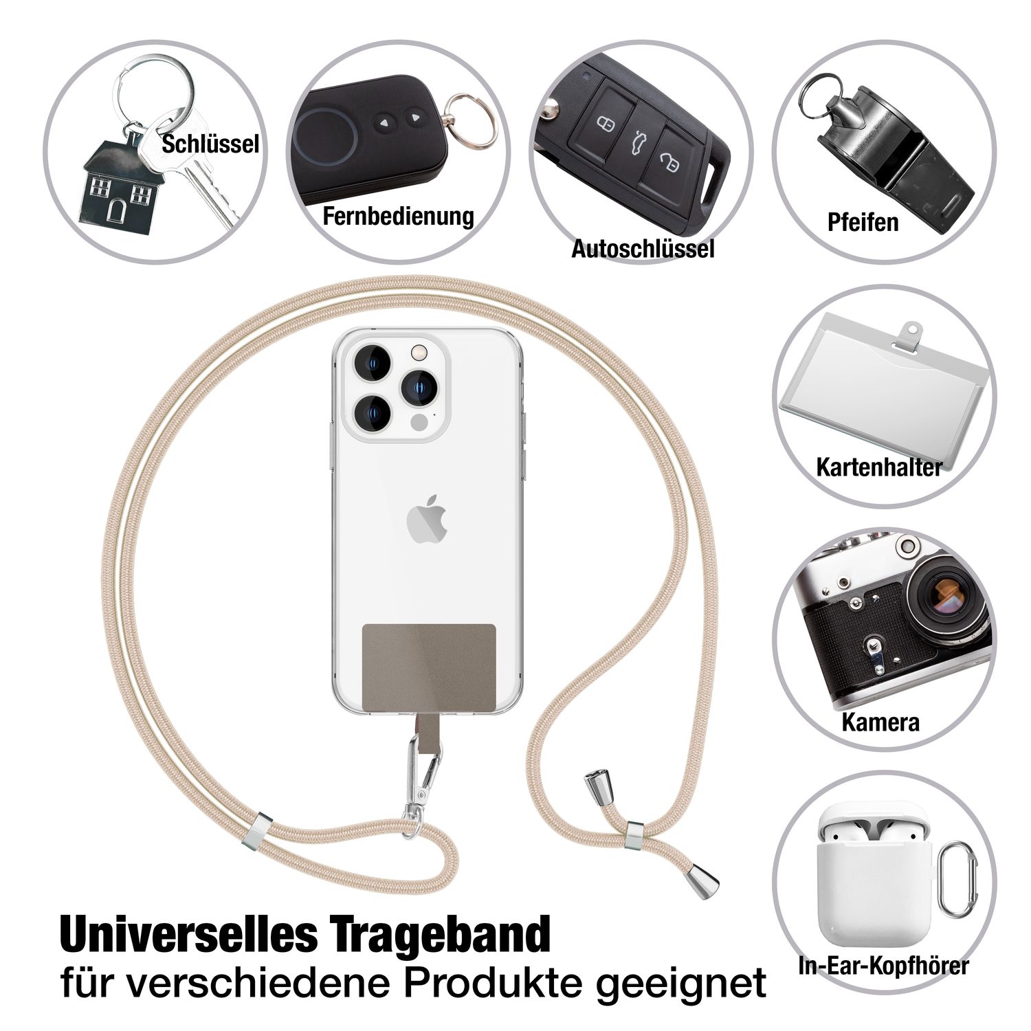 NALIA Universal-Kette mit Pad, Band für Handy-Hülle zum Umhängen, Karabinerhaken aus Metall (silber), Schlüsselband Umhängeband 160 CM, Crossbody Lanyard Weiß Beige NALIA Universal Handykette