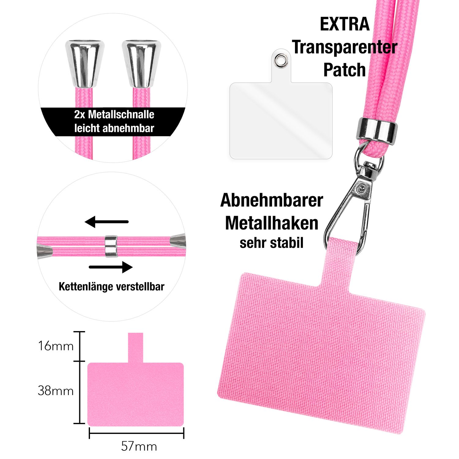 NALIA Universal-Kette mit Pad, Band für Handy-Hülle zum Umhängen, Karabinerhaken aus Metall (silber), Schlüsselband Umhängeband 160 CM, Crossbody Lanyard Rosa NALIA Universal Handykette