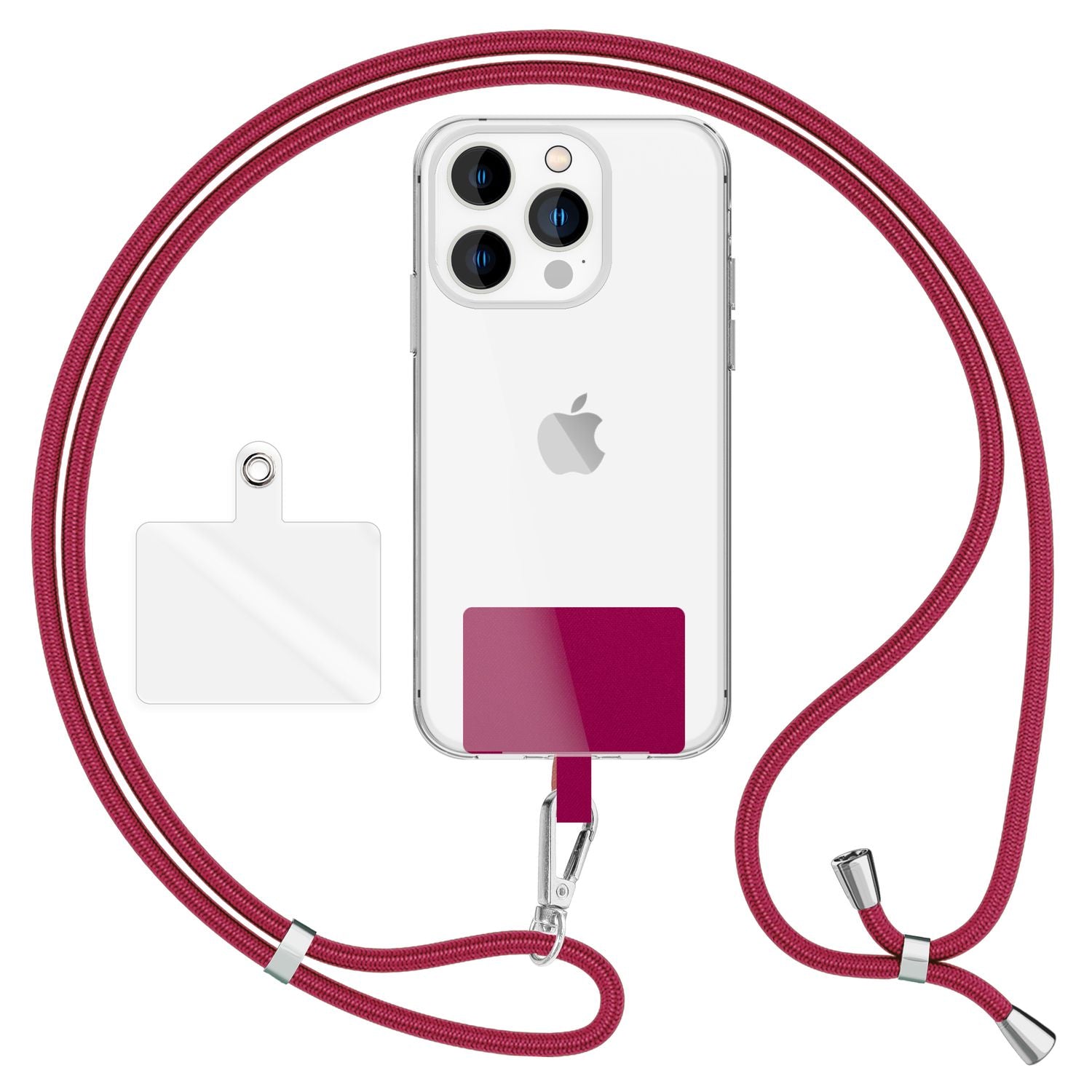 NALIA Universal-Kette mit Pad, Band für Handy-Hülle zum Umhängen, Karabinerhaken aus Metall (silber), Schlüsselband Umhängeband 160 CM, Crossbody Lanyard Bordeaux NALIA Universal Handykette