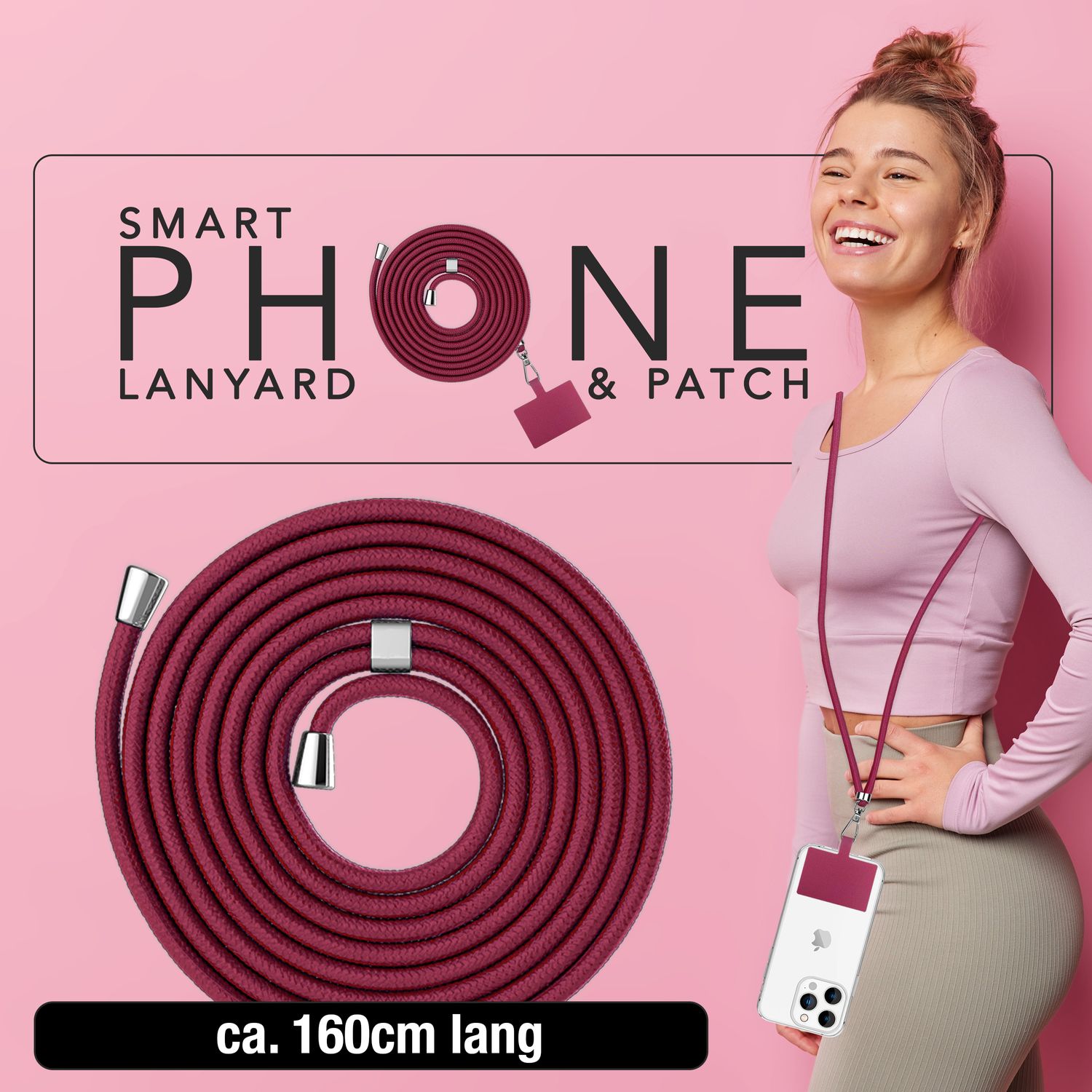NALIA Universal-Kette mit Pad, Band für Handy-Hülle zum Umhängen, Karabinerhaken aus Metall (silber), Schlüsselband Umhängeband 160 CM, Crossbody Lanyard Bordeaux NALIA Universal Handykette