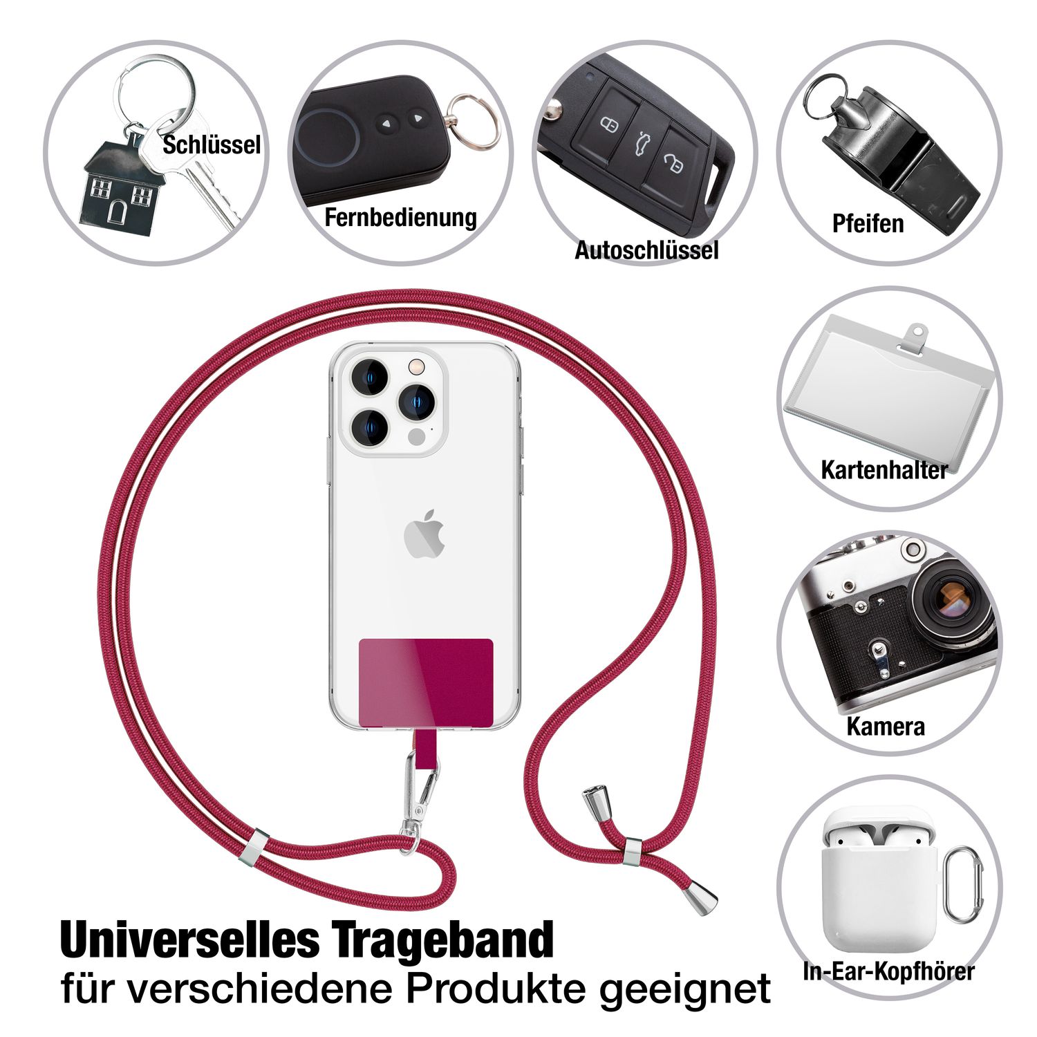 NALIA Universal-Kette mit Pad, Band für Handy-Hülle zum Umhängen, Karabinerhaken aus Metall (silber), Schlüsselband Umhängeband 160 CM, Crossbody Lanyard Bordeaux NALIA Universal Handykette