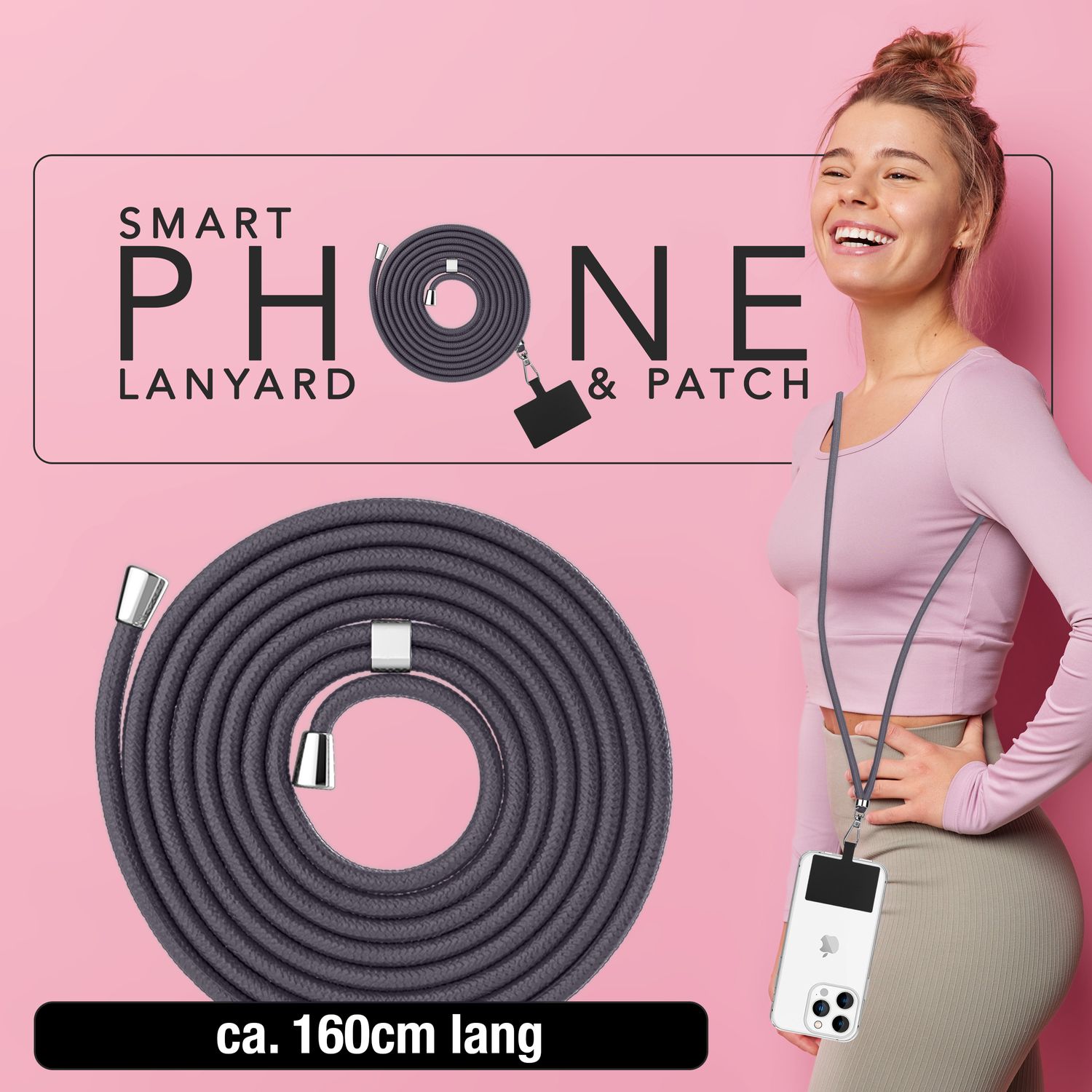 NALIA Universal-Kette mit Pad, Band für Handy-Hülle zum Umhängen, Karabinerhaken aus Metall (silber), Schlüsselband Umhängeband 160 CM, Crossbody Lanyard Dunkelgrau NALIA Universal Handykette