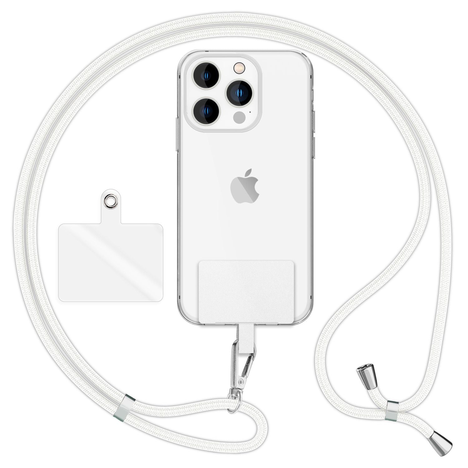 NALIA Universal-Kette mit Pad, Band für Handy-Hülle zum Umhängen, Karabinerhaken aus Metall (silber), Schlüsselband Umhängeband 160 CM, Crossbody Lanyard Weiß NALIA Universal Handykette