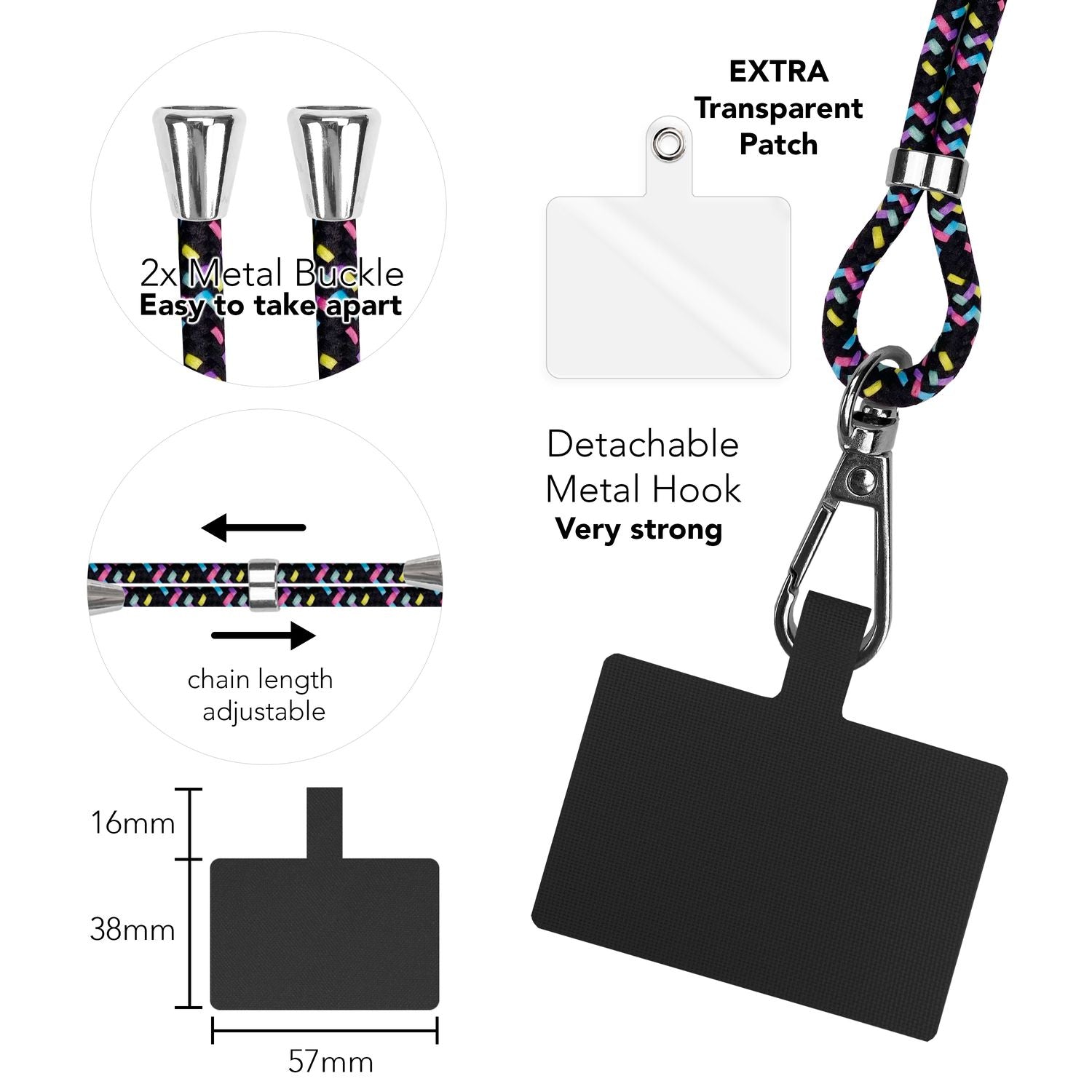 Universal Handykette zum Umhängen mit Pad & Karabiner-Haken für Smartphone Hülle