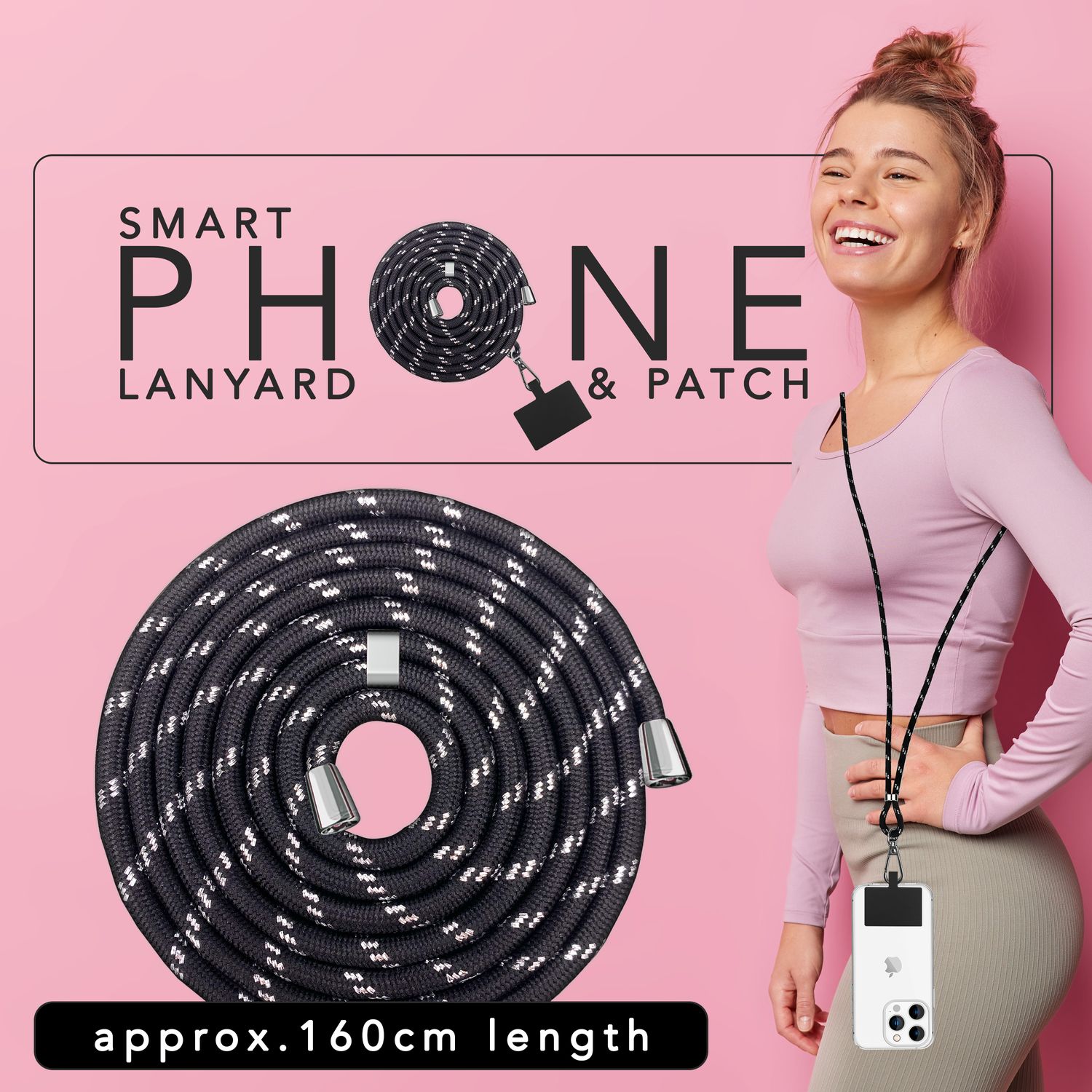 Universal Handykette zum Umhängen mit Pad & Karabiner-Haken für Smartphone Hülle