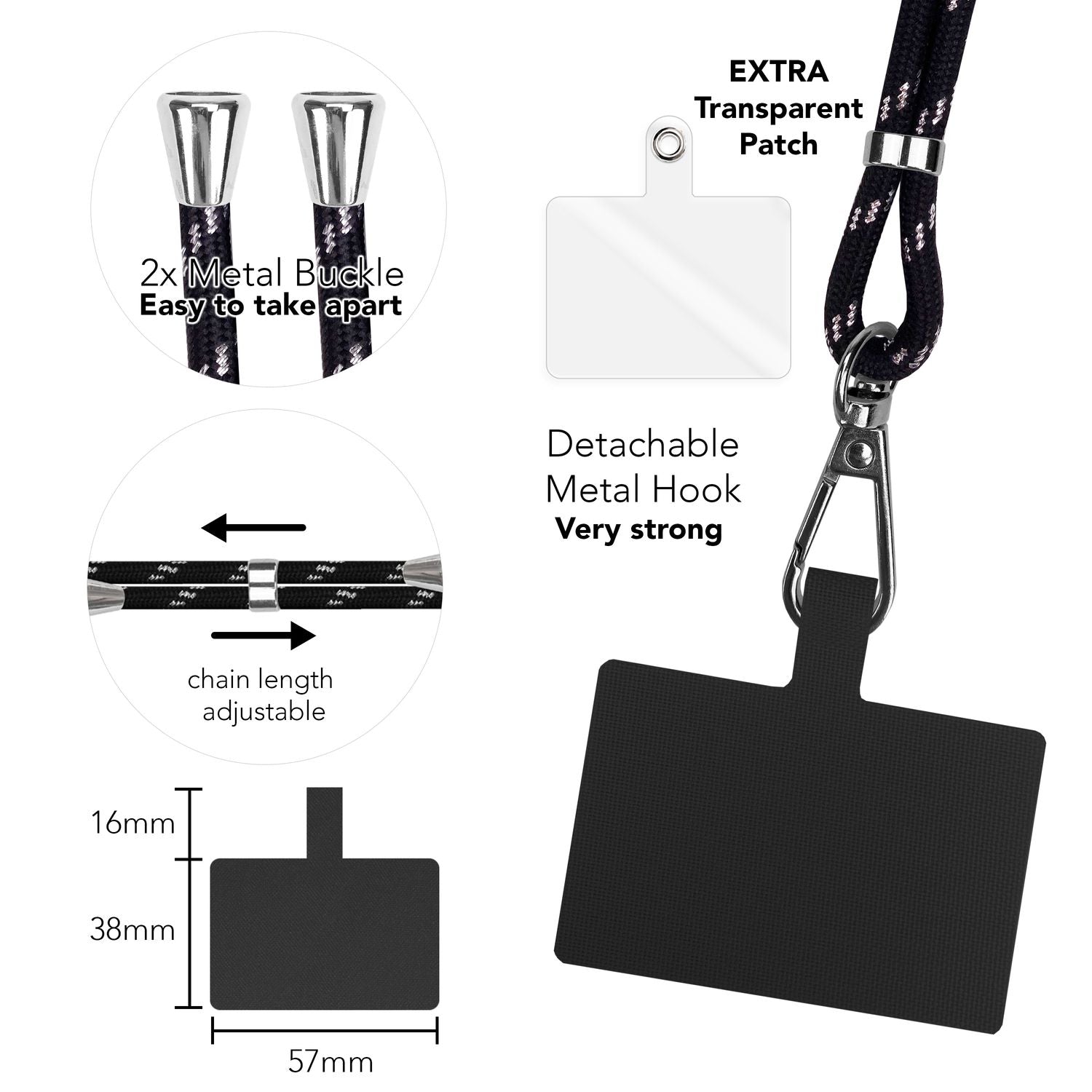 Universal Handykette zum Umhängen mit Pad & Karabiner-Haken für Smartphone Hülle
