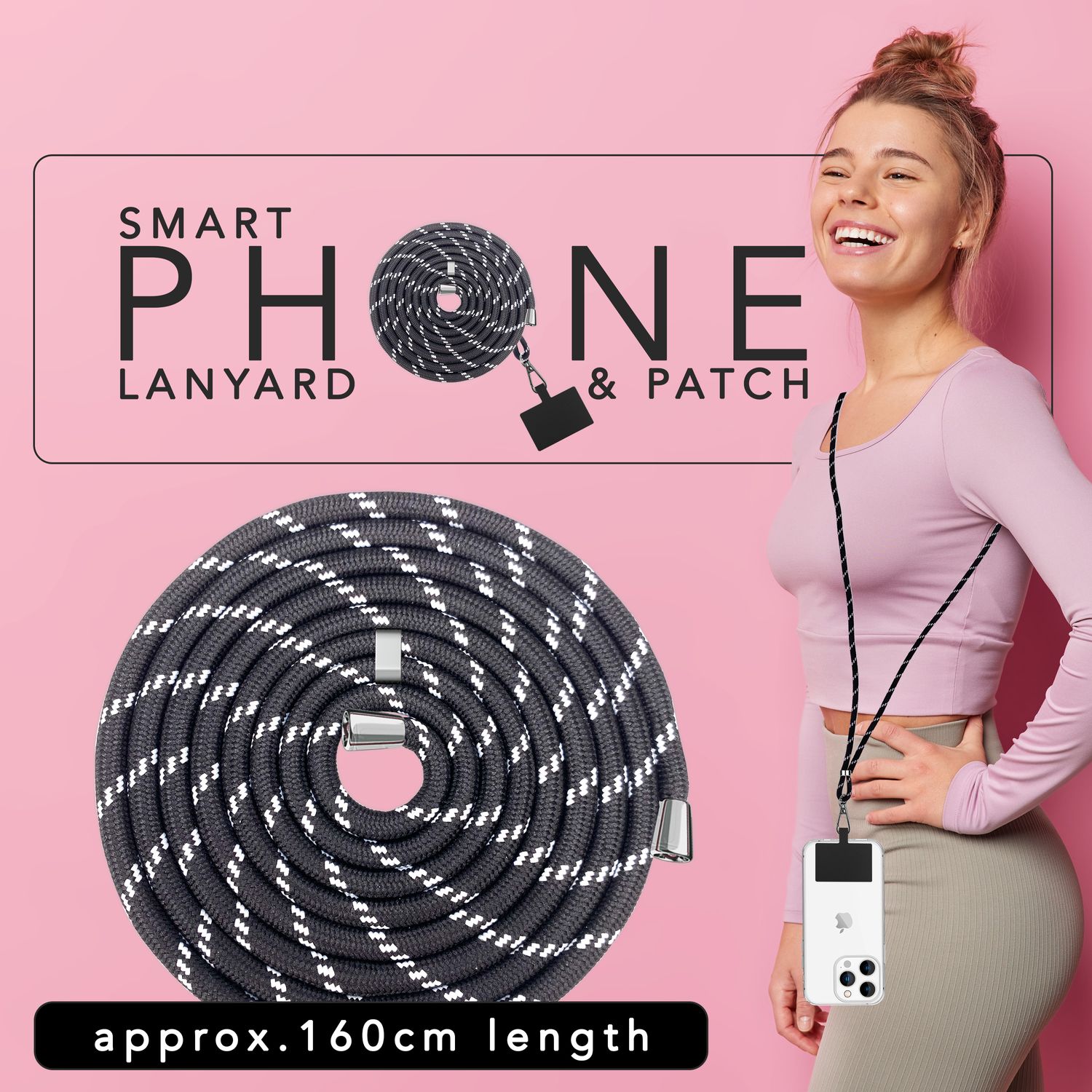Universal Handykette zum Umhängen mit Pad & Karabiner-Haken für Smartphone Hülle