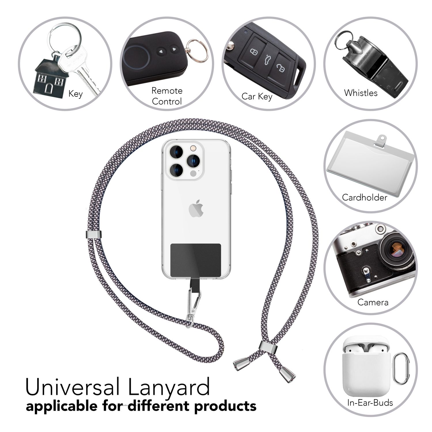 Universal Handykette zum Umhängen mit Pad & Karabiner-Haken für Smartphone Hülle