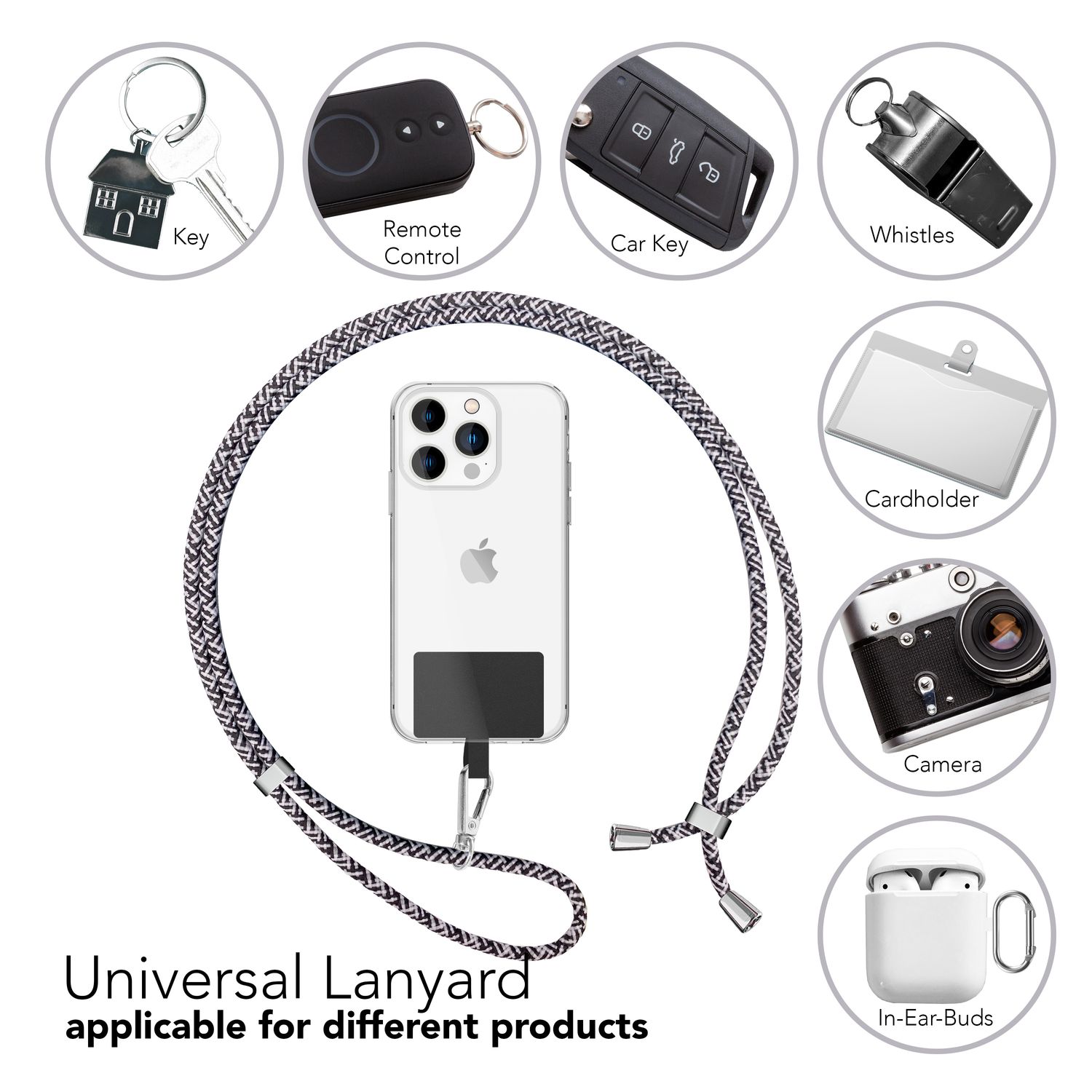 Universal Handykette zum Umhängen mit Pad & Karabiner-Haken für Smartphone Hülle