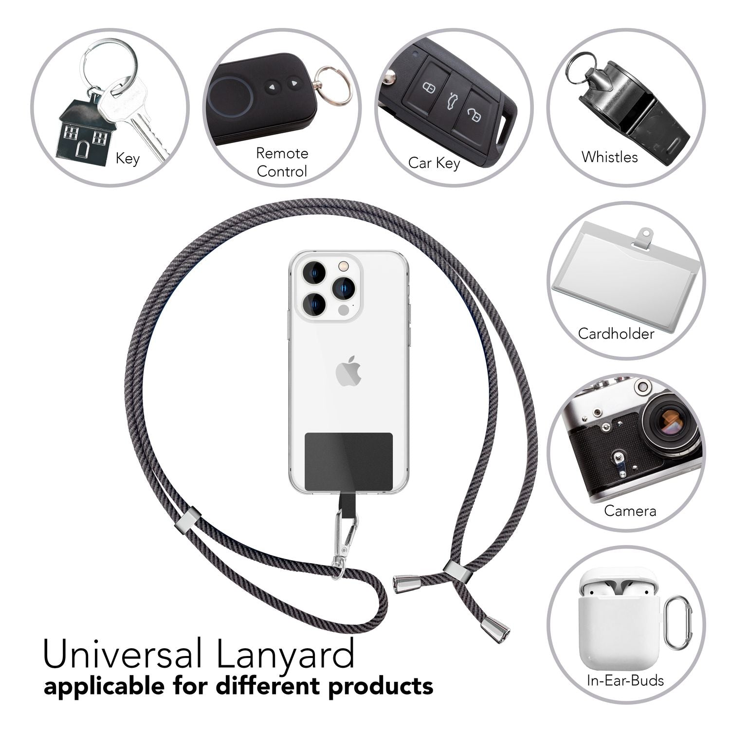 Universal Handykette zum Umhängen mit Pad & Karabiner-Haken für Smartphone Hülle