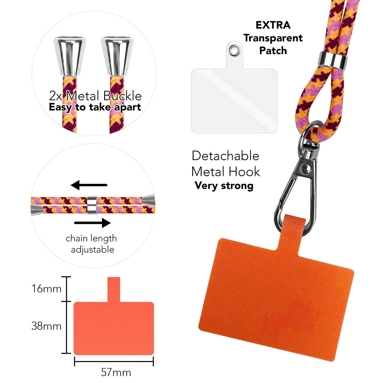 Universal Handykette zum Umhängen mit Pad & Karabiner-Haken für Smartphone Hülle