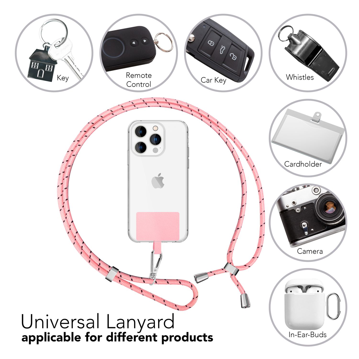 Universal Handykette zum Umhängen mit Pad & Karabiner-Haken für Smartphone Hülle