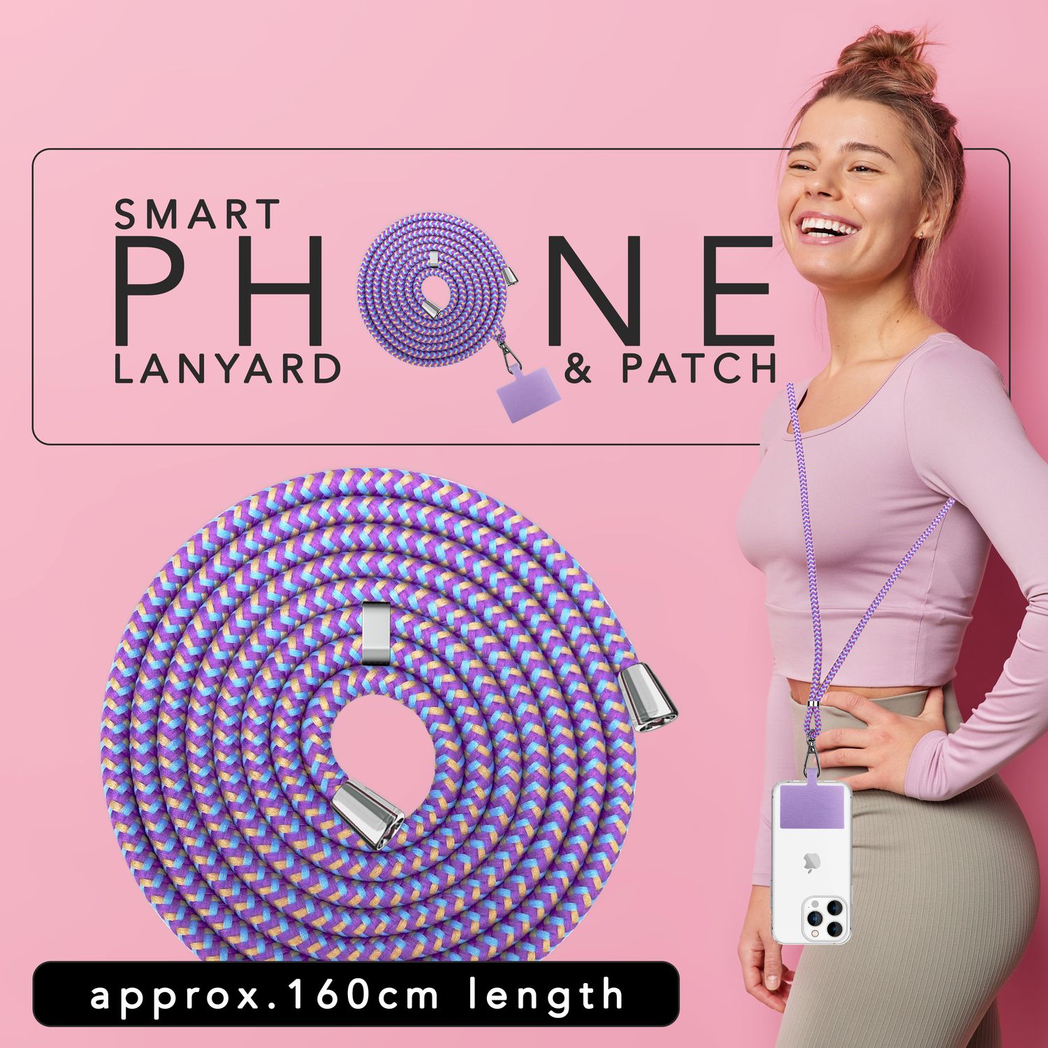 Universal Handykette zum Umhängen mit Pad & Karabiner-Haken für Smartphone Hülle