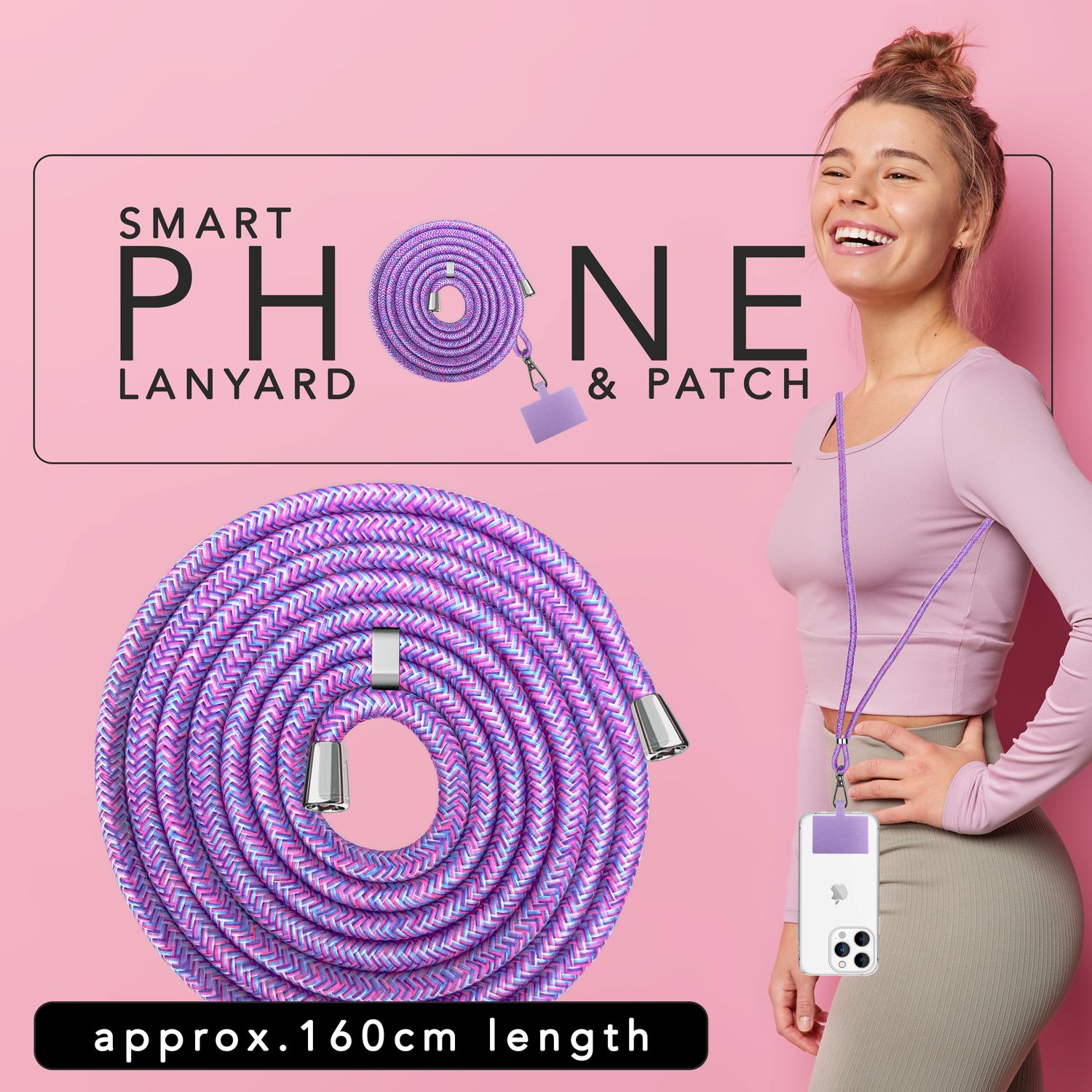 Universal Handykette zum Umhängen mit Pad & Karabiner-Haken für Smartphone Hülle