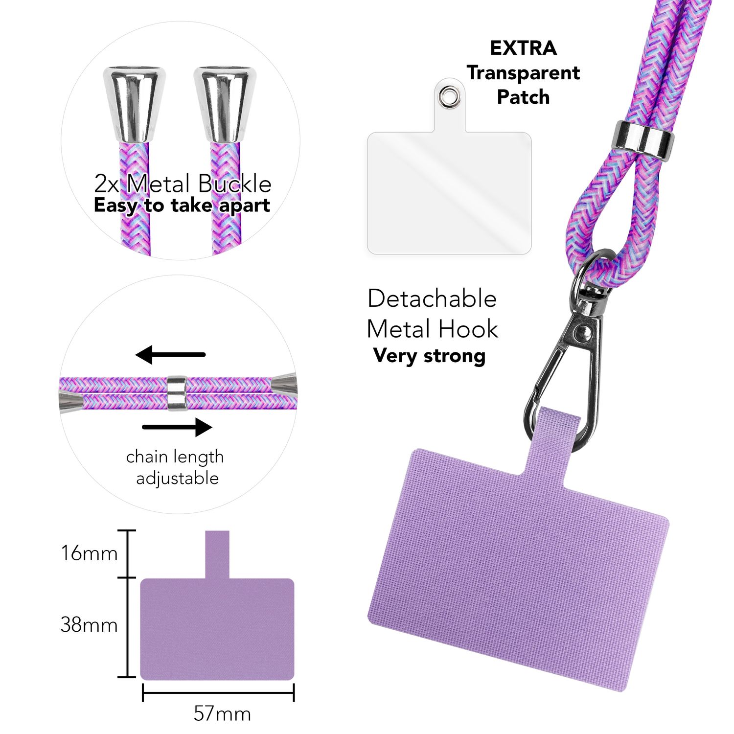 Universal Handykette zum Umhängen mit Pad & Karabiner-Haken für Smartphone Hülle