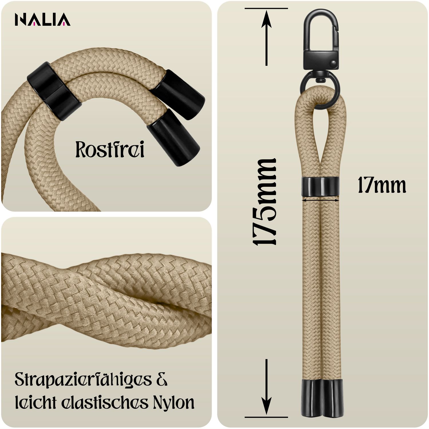 NALIA Wristy Universal Lanyard Handy-Kette für Smartphone & Handyhüllen, Handgelenk-Schlaufe mit Metallkarabiner, Verstellbares Trageband, Anti-Diebstahl Handyband Beige Sandstone NALIA Universal Handykette
