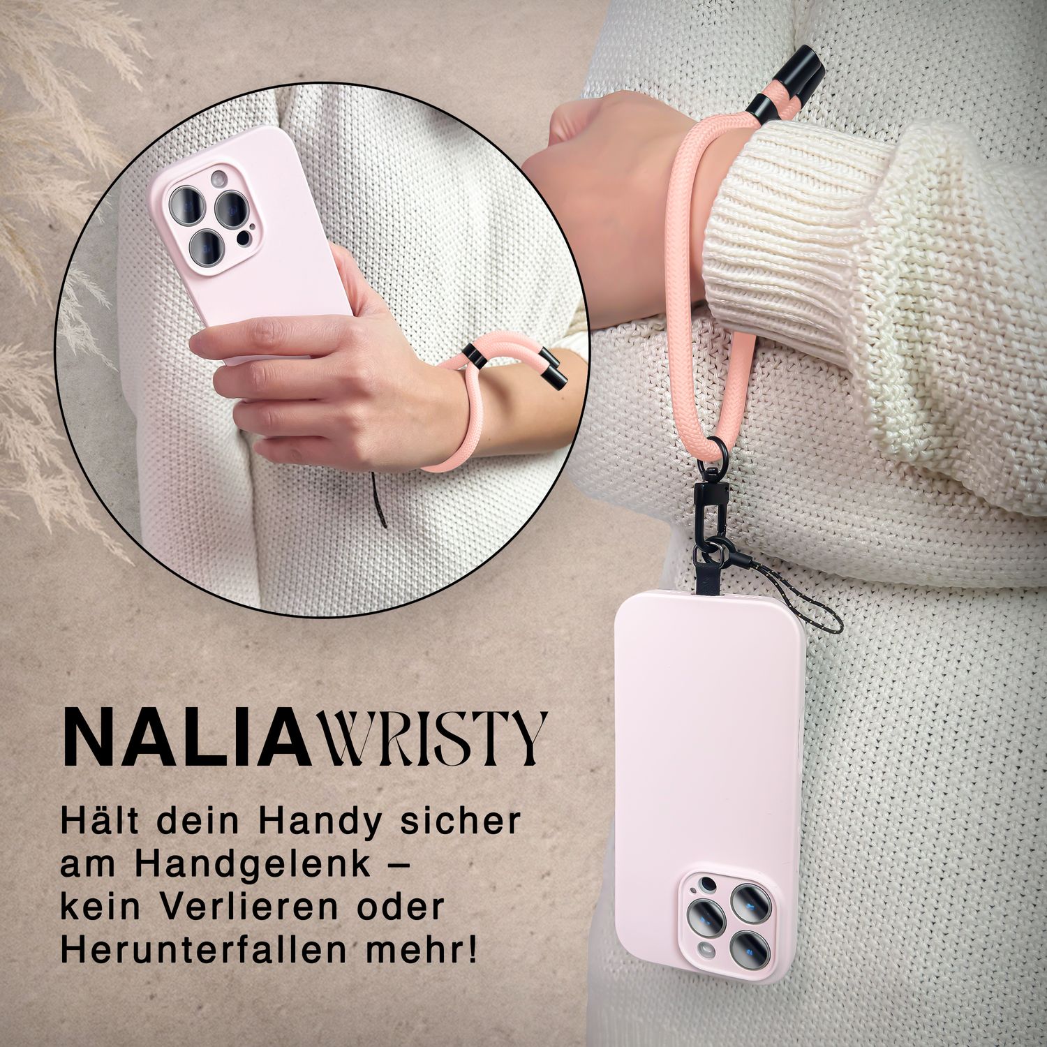 NALIA Wristy Universal Lanyard Handy-Kette für Smartphone & Handyhüllen, Handgelenk-Schlaufe mit Metallkarabiner, Verstellbares Trageband, Anti-Diebstahl Handyband Blossom Rosa NALIA Universal Handykette