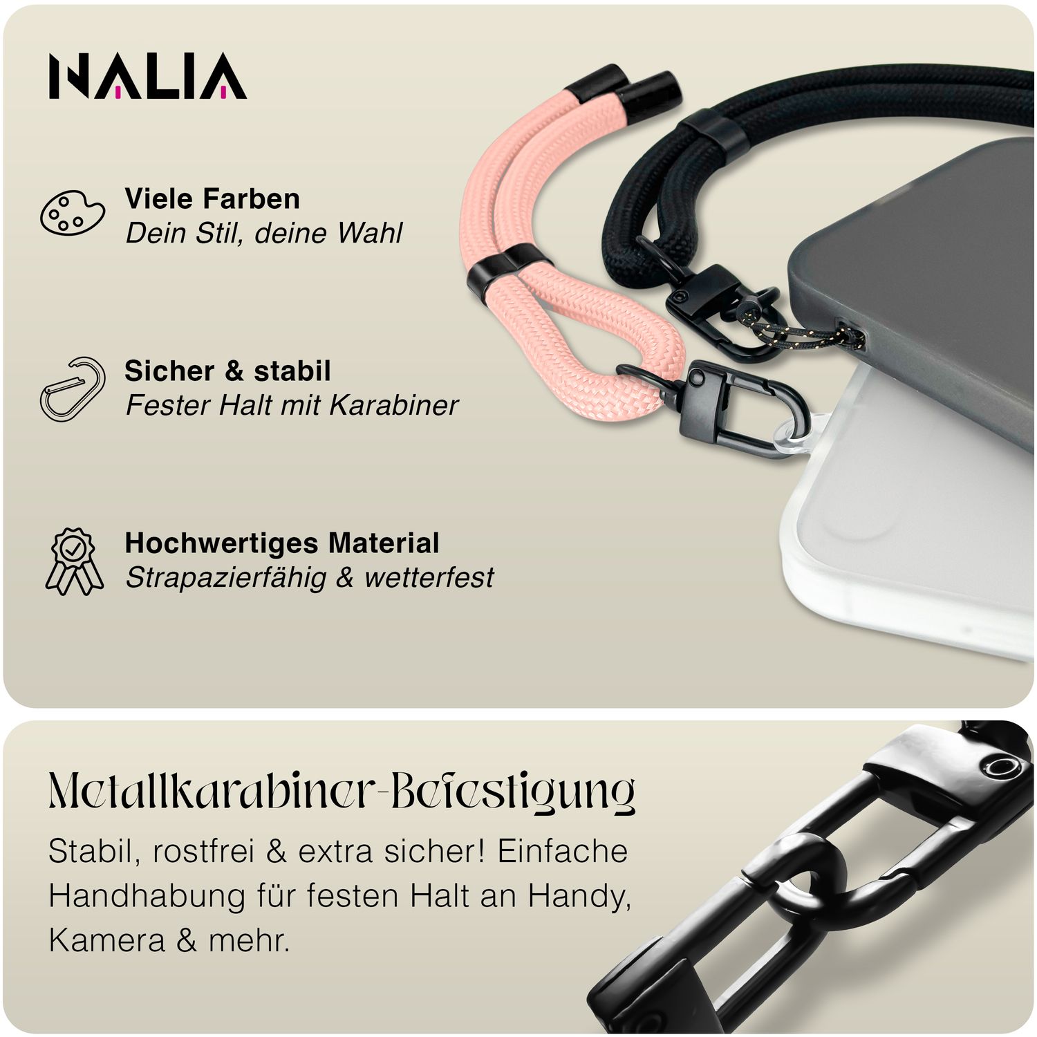 NALIA Wristy Universal Lanyard Handy-Kette für Smartphone & Handyhüllen, Handgelenk-Schlaufe mit Metallkarabiner, Verstellbares Trageband, Anti-Diebstahl Handyband Blossom Rosa NALIA Universal Handykette