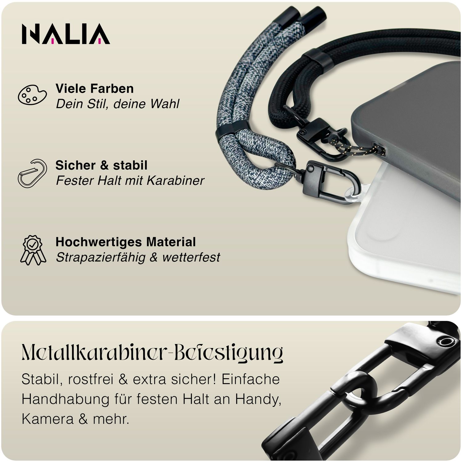 NALIA Wristy Universal Lanyard Handy-Kette für Smartphone & Handyhüllen, Handgelenk-Schlaufe mit Metallkarabiner, Verstellbares Trageband, Anti-Diebstahl Handyband Denim Waves NALIA Universal Handykette