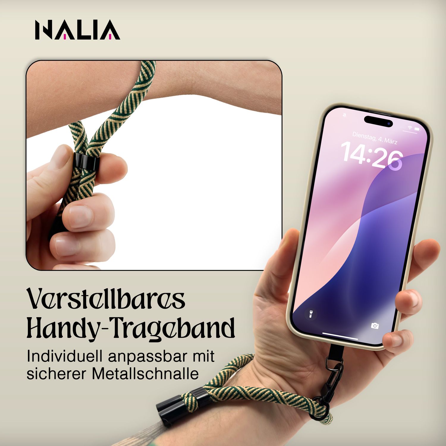 NALIA Wristy Universal Lanyard Handy-Kette für Smartphone & Handyhüllen, Handgelenk-Schlaufe mit Metallkarabiner, Verstellbares Trageband, Anti-Diebstahl Handyband Golden Jungle NALIA Universal Handykette