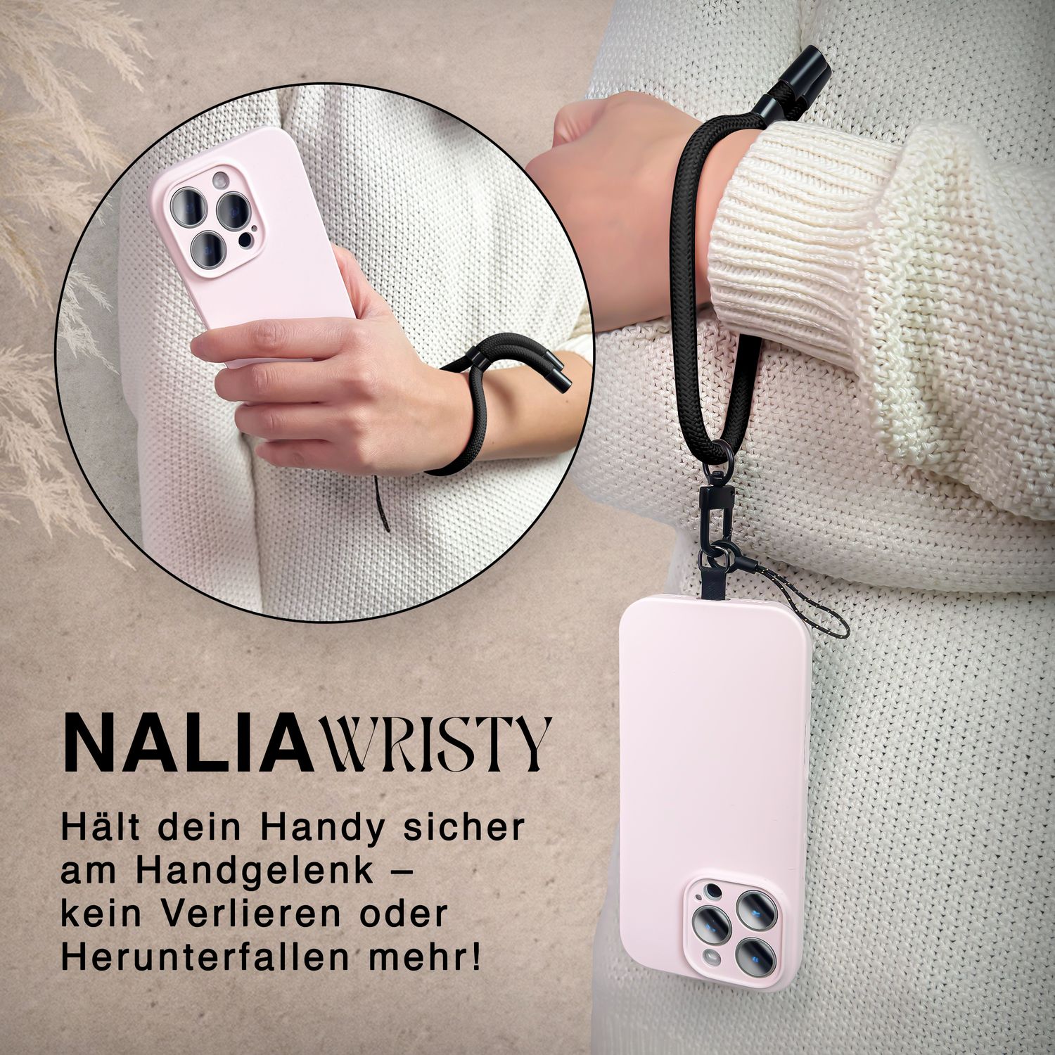 NALIA Wristy Universal Lanyard Handy-Kette für Smartphone & Handyhüllen, Handgelenk-Schlaufe mit Metallkarabiner, Verstellbares Trageband, Anti-Diebstahl Handyband Midnight Schwarz NALIA Universal Handykette