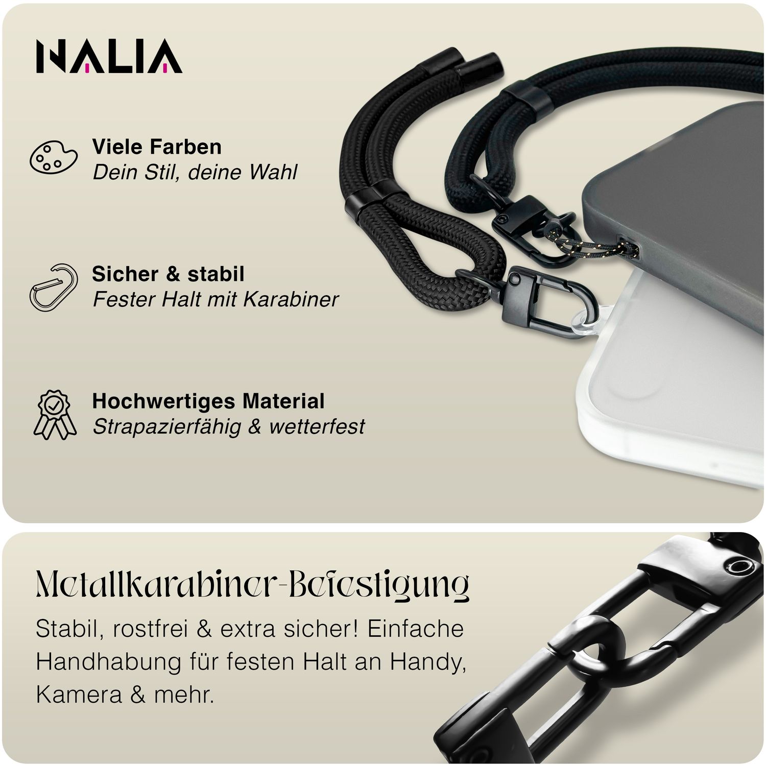NALIA Wristy Universal Lanyard Handy-Kette für Smartphone & Handyhüllen, Handgelenk-Schlaufe mit Metallkarabiner, Verstellbares Trageband, Anti-Diebstahl Handyband Midnight Schwarz NALIA Universal Handykette