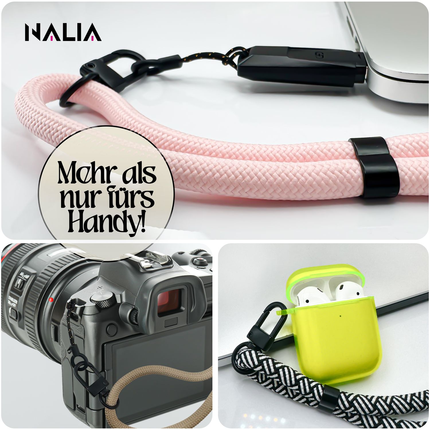 NALIA Wristy Universal Lanyard Handy-Kette für Smartphone & Handyhüllen, Handgelenk-Schlaufe mit Metallkarabiner, Verstellbares Trageband, Anti-Diebstahl Handyband Midnight Schwarz NALIA Universal Handykette