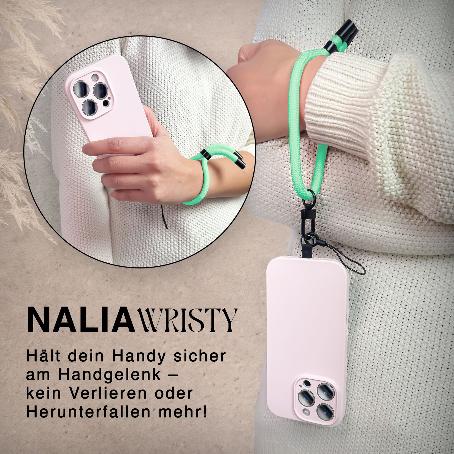 NALIA Wristy Universal Lanyard Handy-Kette für Smartphone & Handyhüllen, Handgelenk-Schlaufe mit Metallkarabiner, Verstellbares Trageband, Anti-Diebstahl Handyband Mint Breeze NALIA Universal Handykette