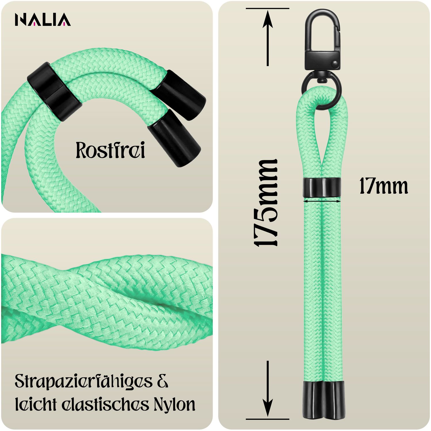 NALIA Wristy Universal Lanyard Handy-Kette für Smartphone & Handyhüllen, Handgelenk-Schlaufe mit Metallkarabiner, Verstellbares Trageband, Anti-Diebstahl Handyband Mint Breeze NALIA Universal Handykette