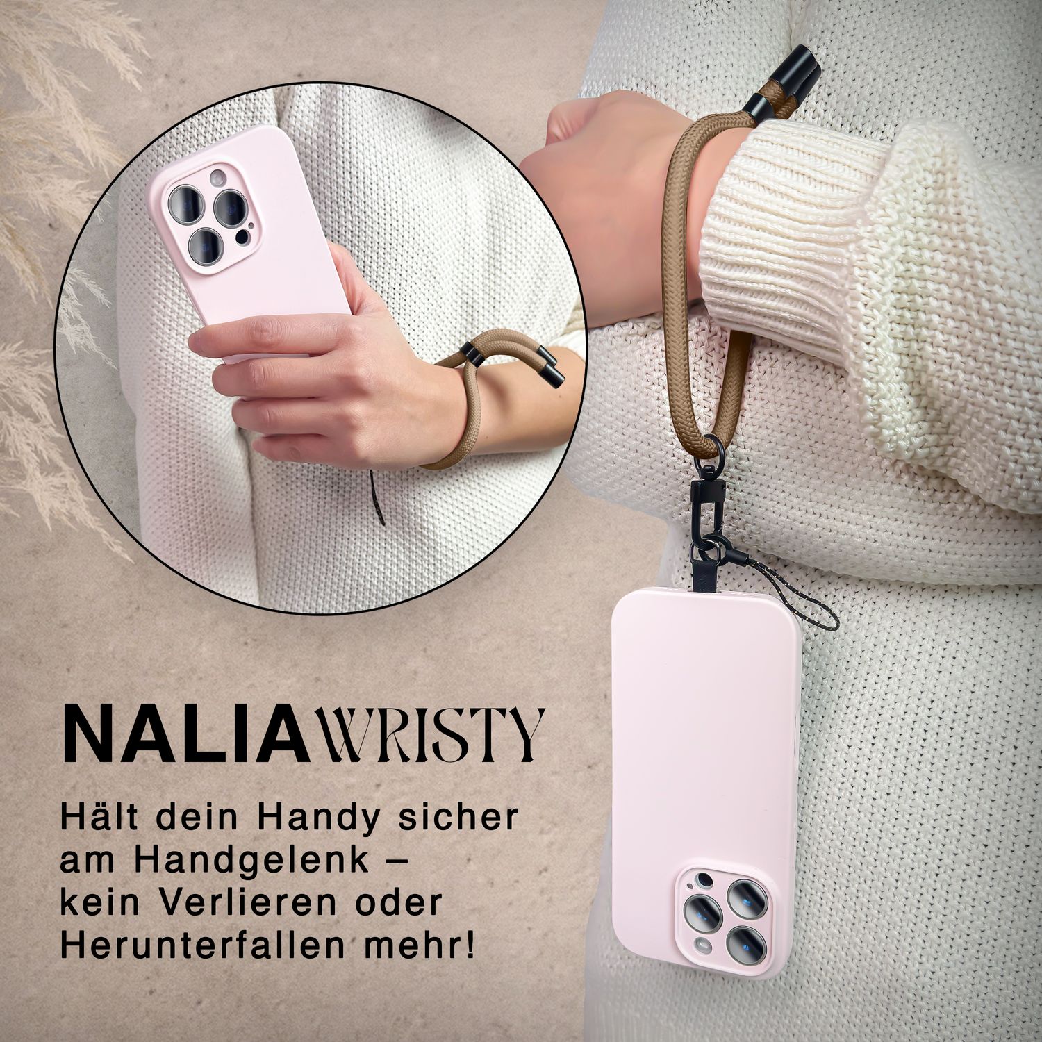 NALIA Wristy Universal Lanyard Handy-Kette für Smartphone & Handyhüllen, Handgelenk-Schlaufe mit Metallkarabiner, Verstellbares Trageband, Anti-Diebstahl Handyband Mocha Braun NALIA Universal Handykette