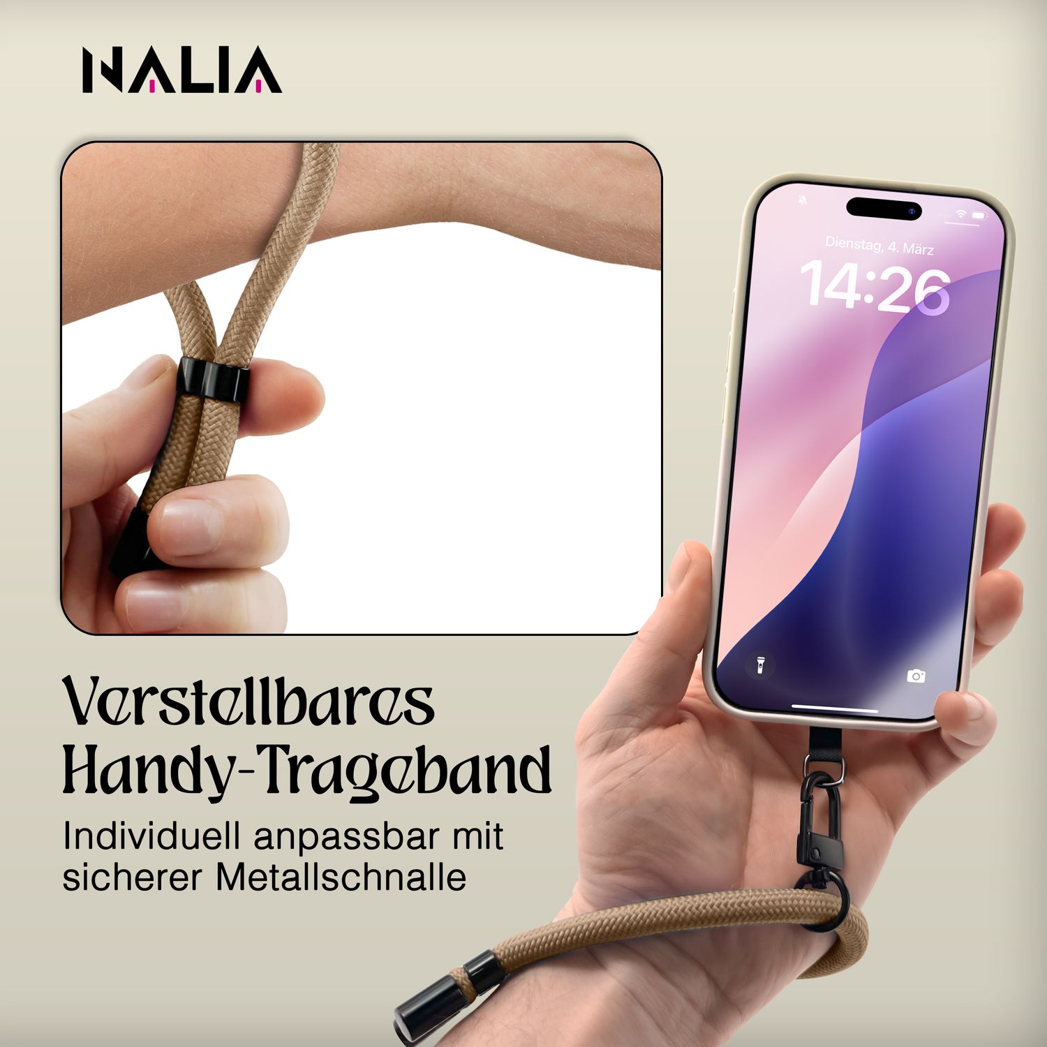 NALIA Wristy Universal Lanyard Handy-Kette für Smartphone & Handyhüllen, Handgelenk-Schlaufe mit Metallkarabiner, Verstellbares Trageband, Anti-Diebstahl Handyband Mocha Braun NALIA Universal Handykette