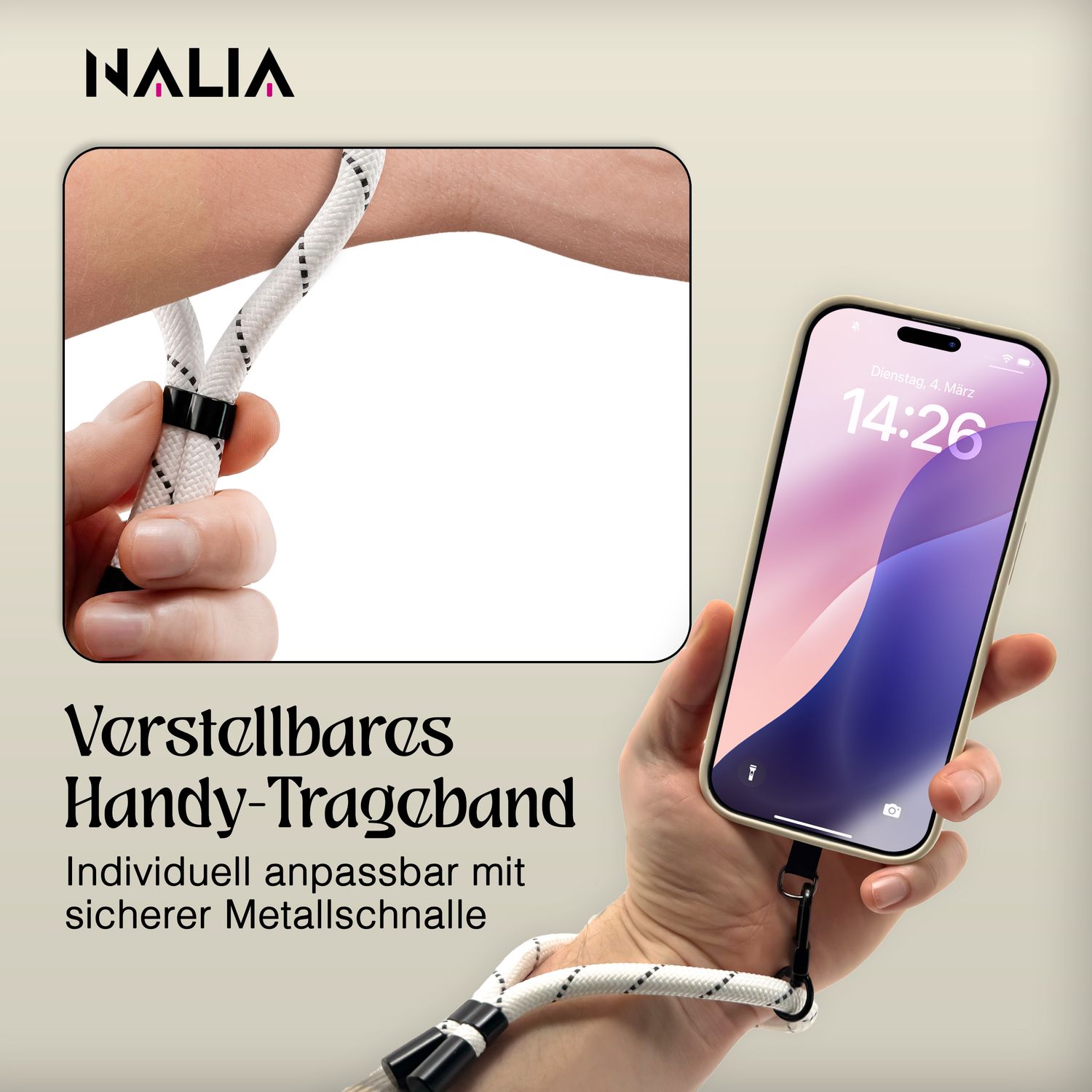 NALIA Wristy Universal Lanyard Handy-Kette für Smartphone & Handyhüllen, Handgelenk-Schlaufe mit Metallkarabiner, Verstellbares Trageband, Anti-Diebstahl Handyband Mono Weiß NALIA Universal Handykette