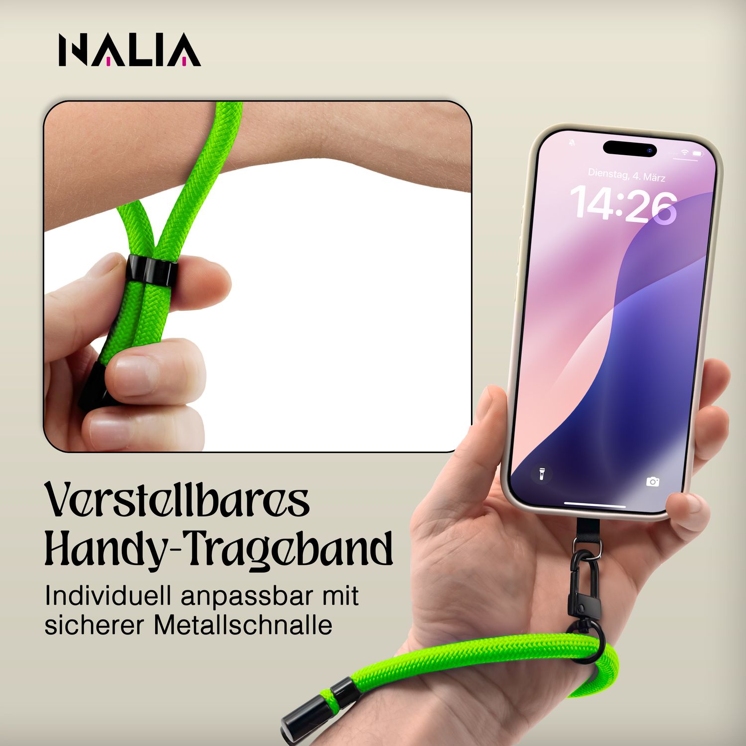 NALIA Wristy Universal Lanyard Handy-Kette für Smartphone & Handyhüllen, Handgelenk-Schlaufe mit Metallkarabiner, Verstellbares Trageband, Anti-Diebstahl Handyband Toxic Lime Grün NALIA Universal Handykette