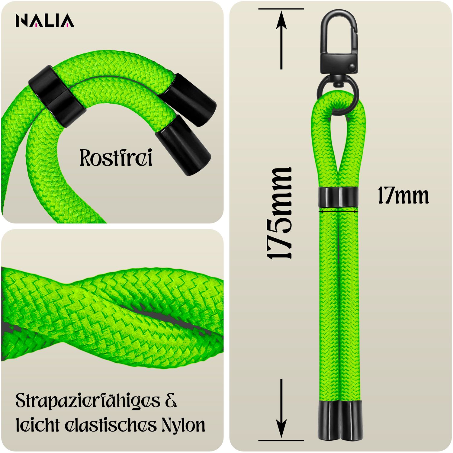 NALIA Wristy Universal Lanyard Handy-Kette für Smartphone & Handyhüllen, Handgelenk-Schlaufe mit Metallkarabiner, Verstellbares Trageband, Anti-Diebstahl Handyband Toxic Lime Grün NALIA Universal Handykette