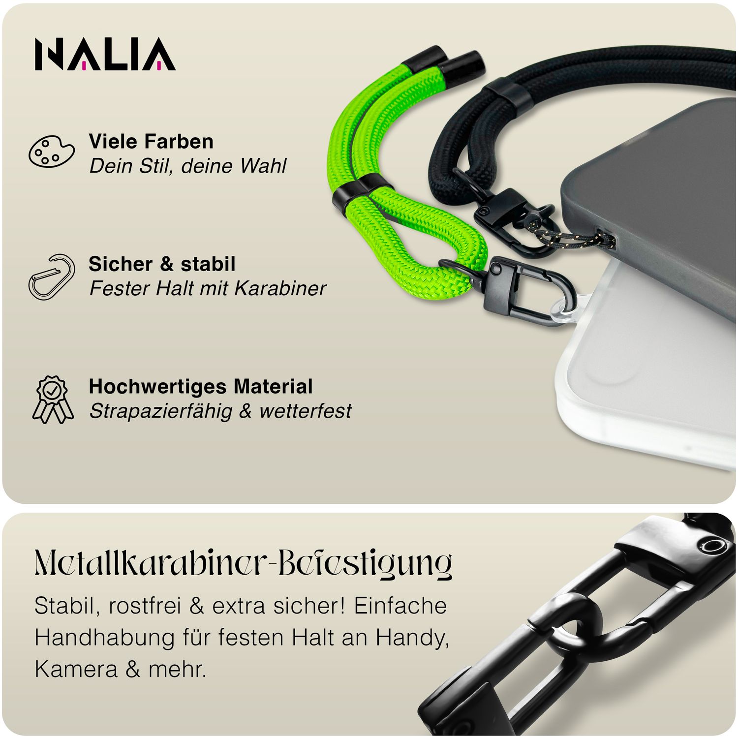 NALIA Wristy Universal Lanyard Handy-Kette für Smartphone & Handyhüllen, Handgelenk-Schlaufe mit Metallkarabiner, Verstellbares Trageband, Anti-Diebstahl Handyband Toxic Lime Grün NALIA Universal Handykette