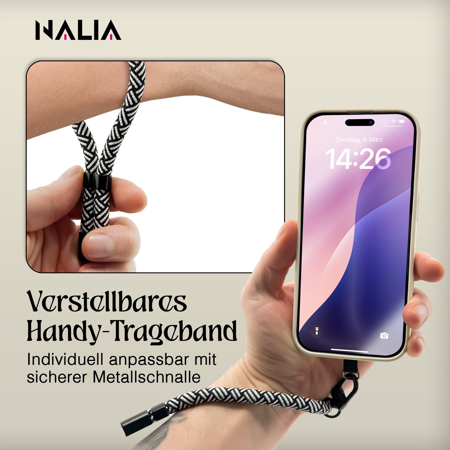 NALIA Wristy Universal Lanyard Handy-Kette für Smartphone & Handyhüllen, Handgelenk-Schlaufe mit Metallkarabiner, Verstellbares Trageband, Anti-Diebstahl Handyband Zebra Vibes NALIA Universal Handykette