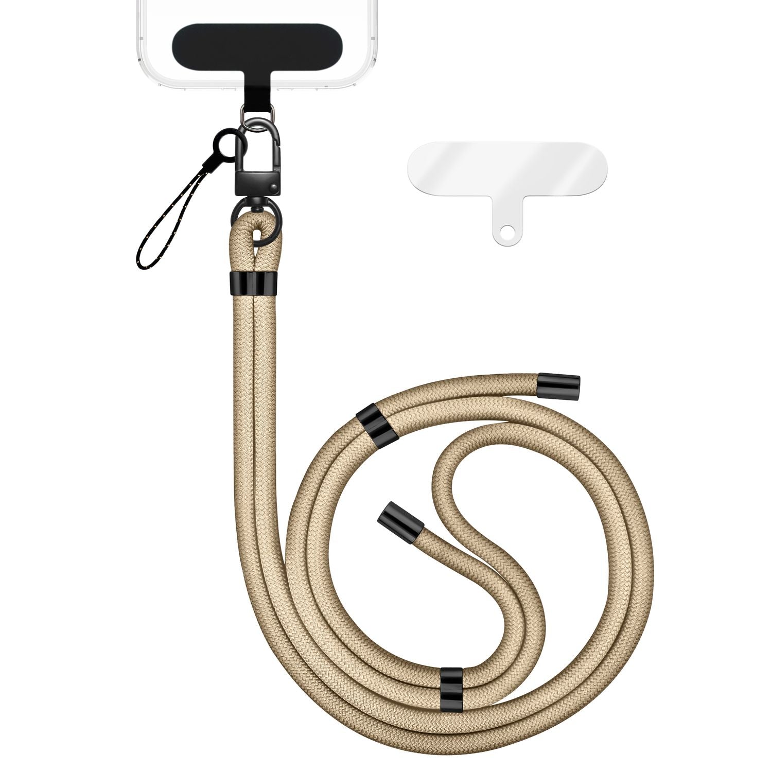 NALIA HoldMe Universal Handykette für Smartphone & Handyhüllen, Nylon-Seil Verstellbar & Abnehmbar, Umhänge-Band, Handyband, Lanyard mit Karabiner & 2 Patches Beige NALIA Universal Handykette