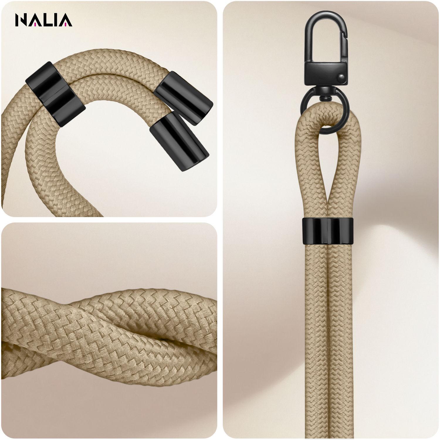NALIA HoldMe Universal Handykette für Smartphone & Handyhüllen, Nylon-Seil Verstellbar & Abnehmbar, Umhänge-Band, Handyband, Lanyard mit Karabiner & 2 Patches Beige NALIA Universal Handykette