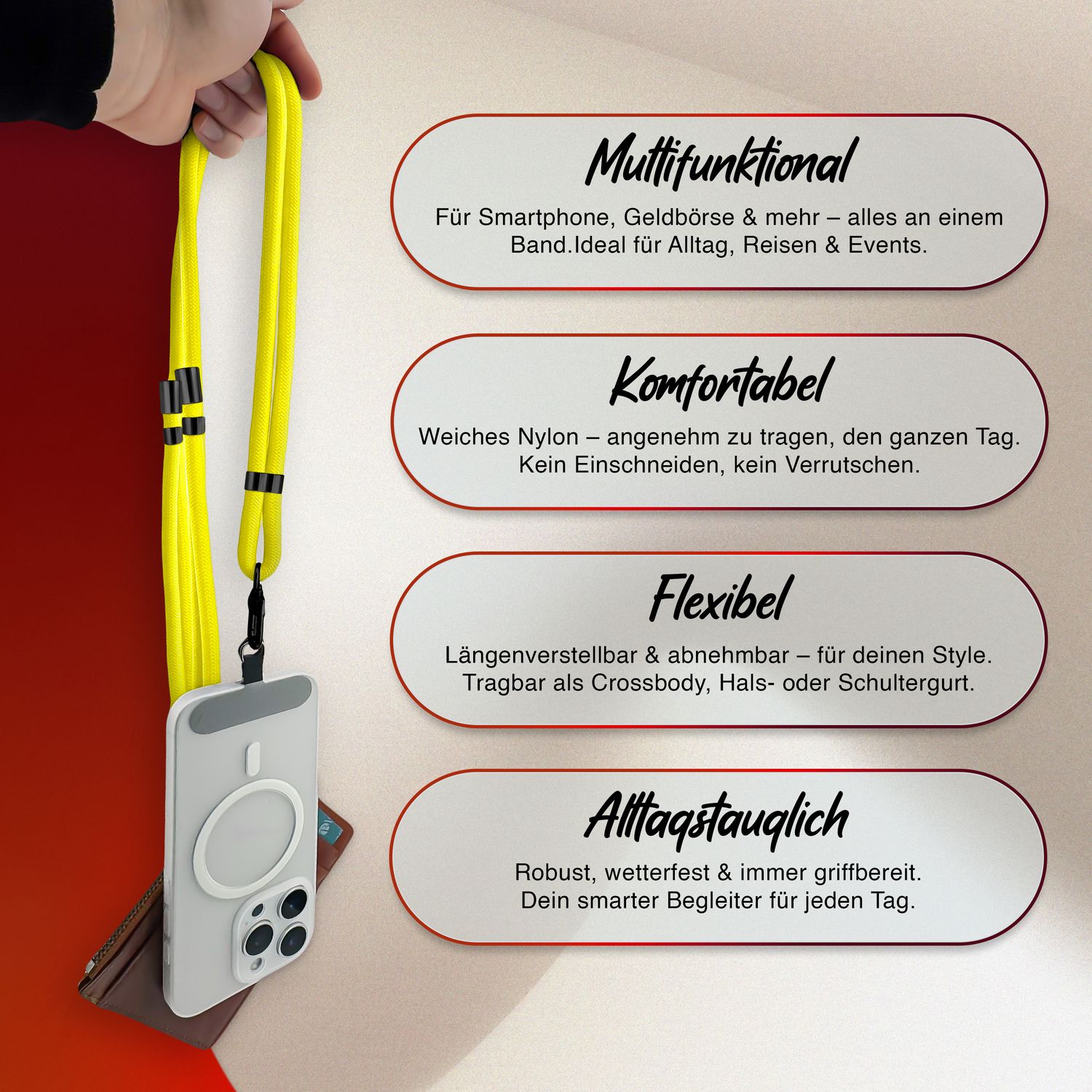 NALIA HoldMe Universal Handykette für Smartphone & Handyhüllen, Nylon-Seil Verstellbar & Abnehmbar, Umhänge-Band, Handyband, Lanyard mit Karabiner & 2 Patches Neon Gelb NALIA Universal Handykette