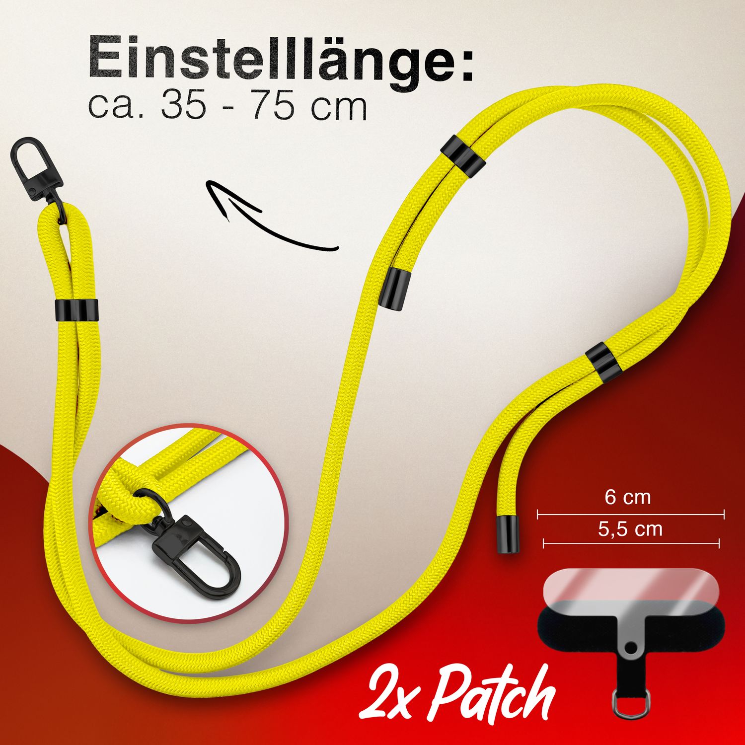 NALIA HoldMe Universal Handykette für Smartphone & Handyhüllen, Nylon-Seil Verstellbar & Abnehmbar, Umhänge-Band, Handyband, Lanyard mit Karabiner & 2 Patches Neon Gelb NALIA Universal Handykette