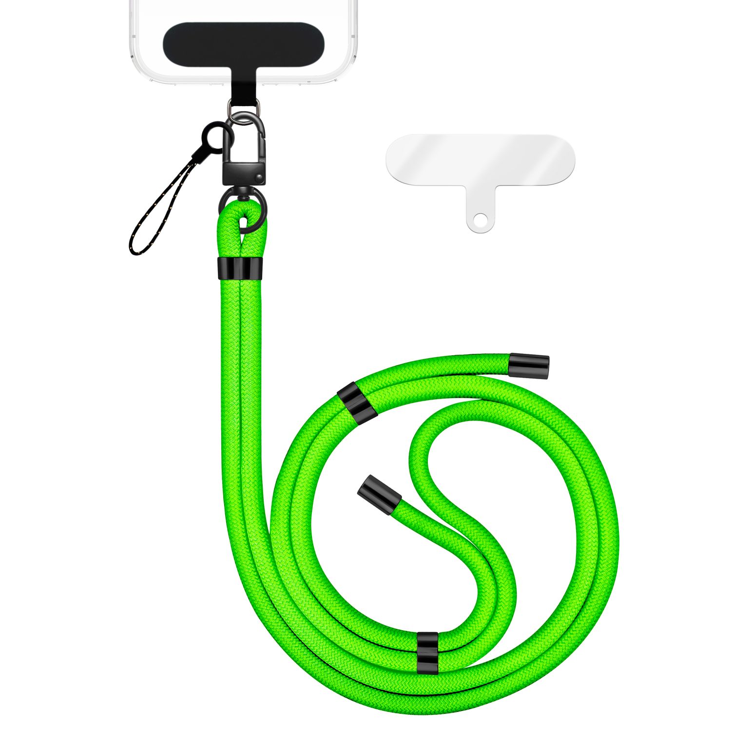 NALIA HoldMe Universal Handykette für Smartphone & Handyhüllen, Nylon-Seil Verstellbar & Abnehmbar, Umhänge-Band, Handyband, Lanyard mit Karabiner & 2 Patches Neon Grün NALIA Universal Handykette