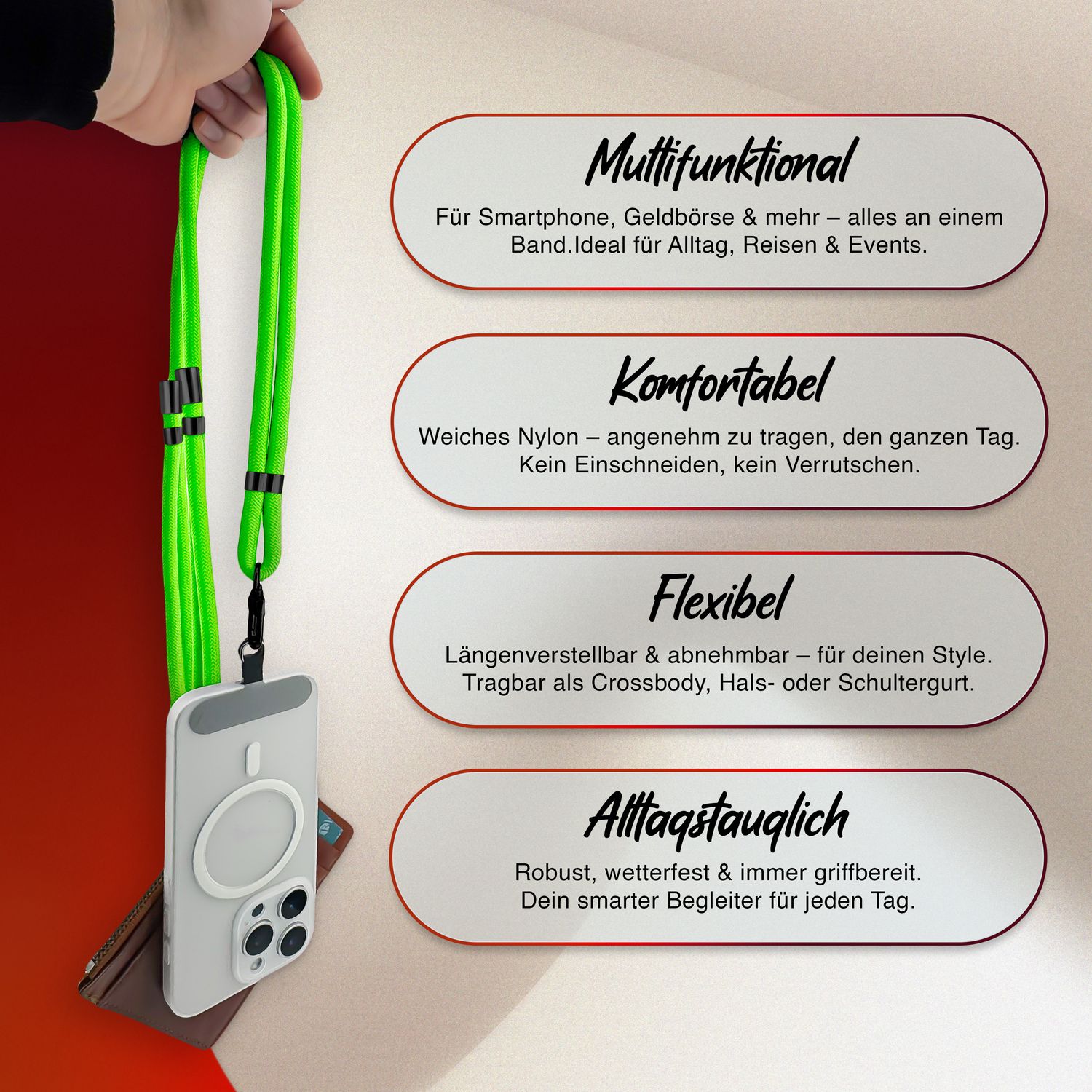 NALIA HoldMe Universal Handykette für Smartphone & Handyhüllen, Nylon-Seil Verstellbar & Abnehmbar, Umhänge-Band, Handyband, Lanyard mit Karabiner & 2 Patches Neon Grün NALIA Universal Handykette