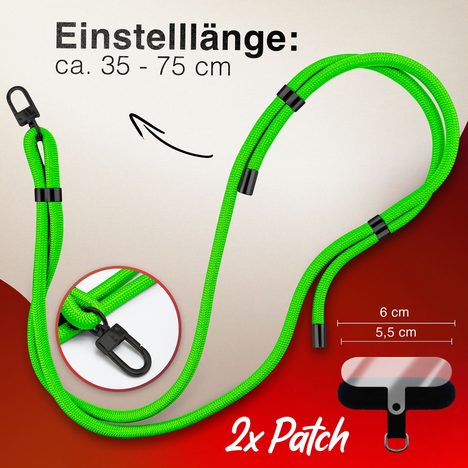 NALIA HoldMe Universal Handykette für Smartphone & Handyhüllen, Nylon-Seil Verstellbar & Abnehmbar, Umhänge-Band, Handyband, Lanyard mit Karabiner & 2 Patches Neon Grün NALIA Universal Handykette