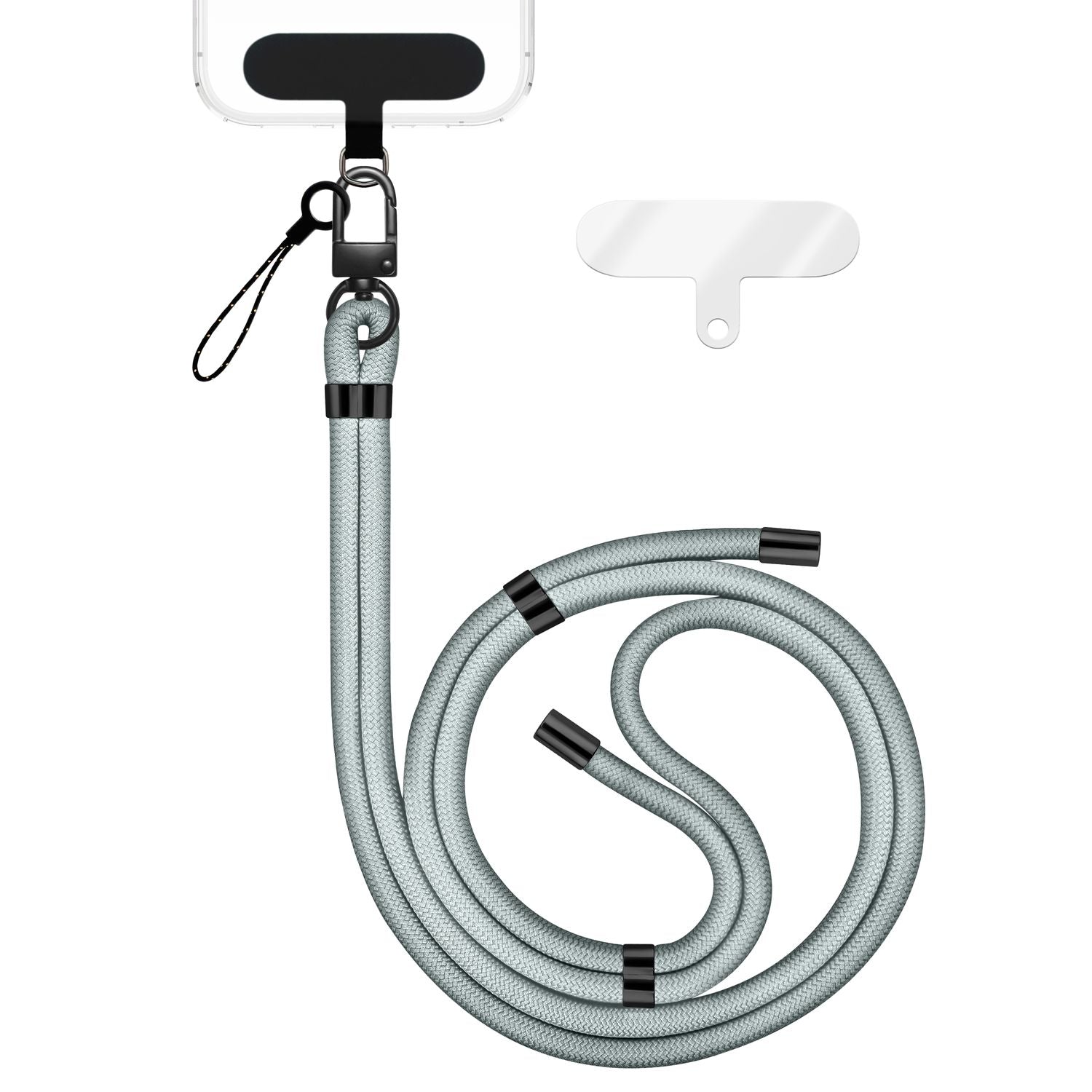 NALIA HoldMe Universal Handykette für Smartphone & Handyhüllen, Nylon-Seil Verstellbar & Abnehmbar, Umhänge-Band, Handyband, Lanyard mit Karabiner & 2 Patches Hellgrau NALIA Universal Handykette