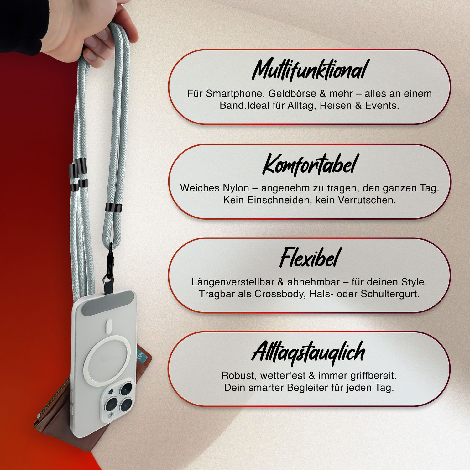 NALIA HoldMe Universal Handykette für Smartphone & Handyhüllen, Nylon-Seil Verstellbar & Abnehmbar, Umhänge-Band, Handyband, Lanyard mit Karabiner & 2 Patches Hellgrau NALIA Universal Handykette