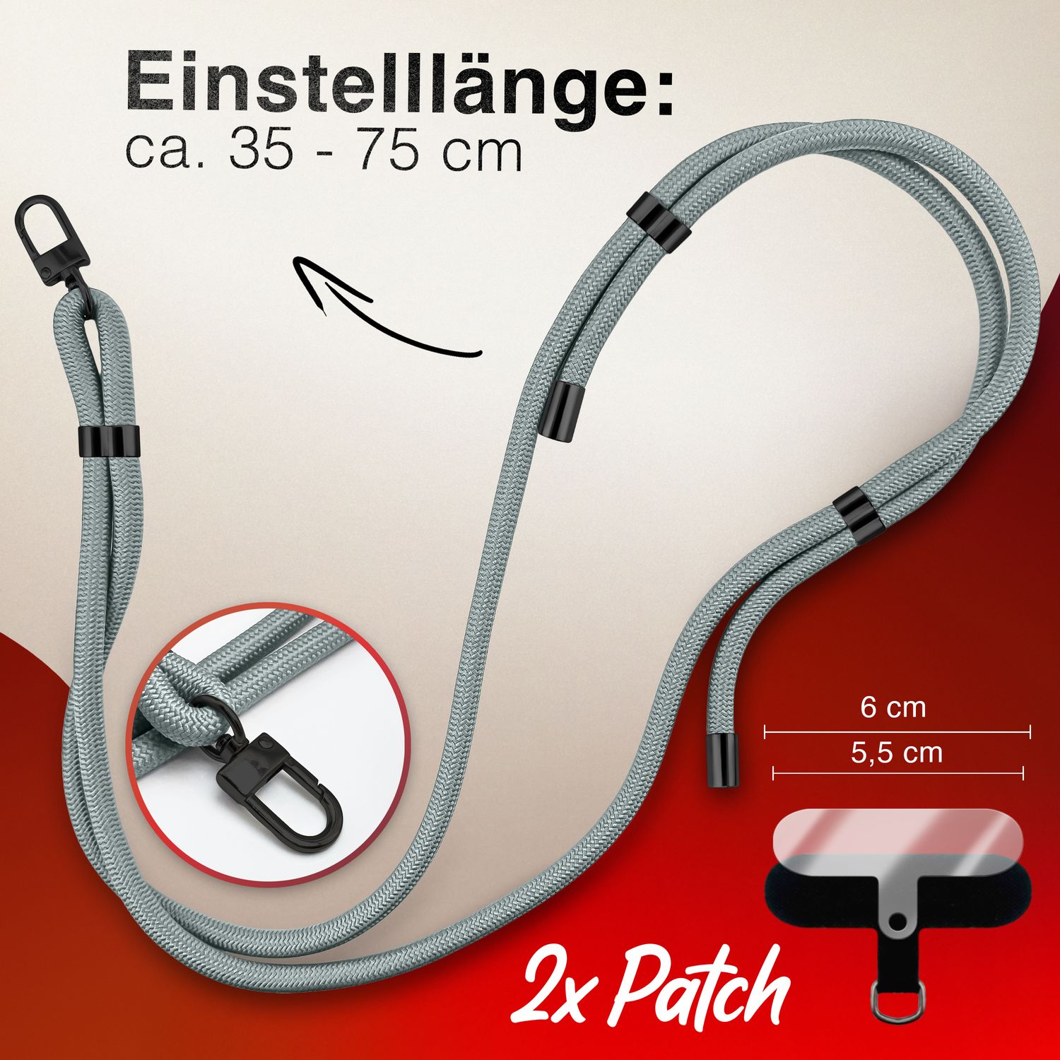 NALIA HoldMe Universal Handykette für Smartphone & Handyhüllen, Nylon-Seil Verstellbar & Abnehmbar, Umhänge-Band, Handyband, Lanyard mit Karabiner & 2 Patches Hellgrau NALIA Universal Handykette