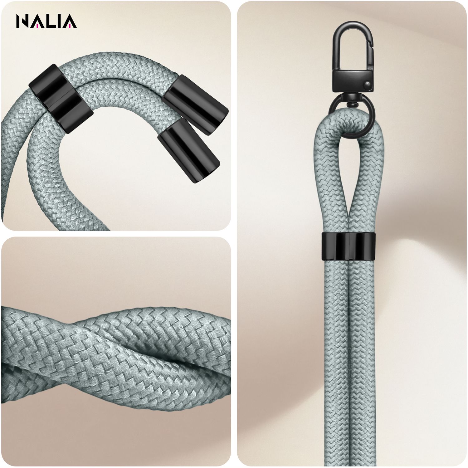 NALIA HoldMe Universal Handykette für Smartphone & Handyhüllen, Nylon-Seil Verstellbar & Abnehmbar, Umhänge-Band, Handyband, Lanyard mit Karabiner & 2 Patches Hellgrau NALIA Universal Handykette