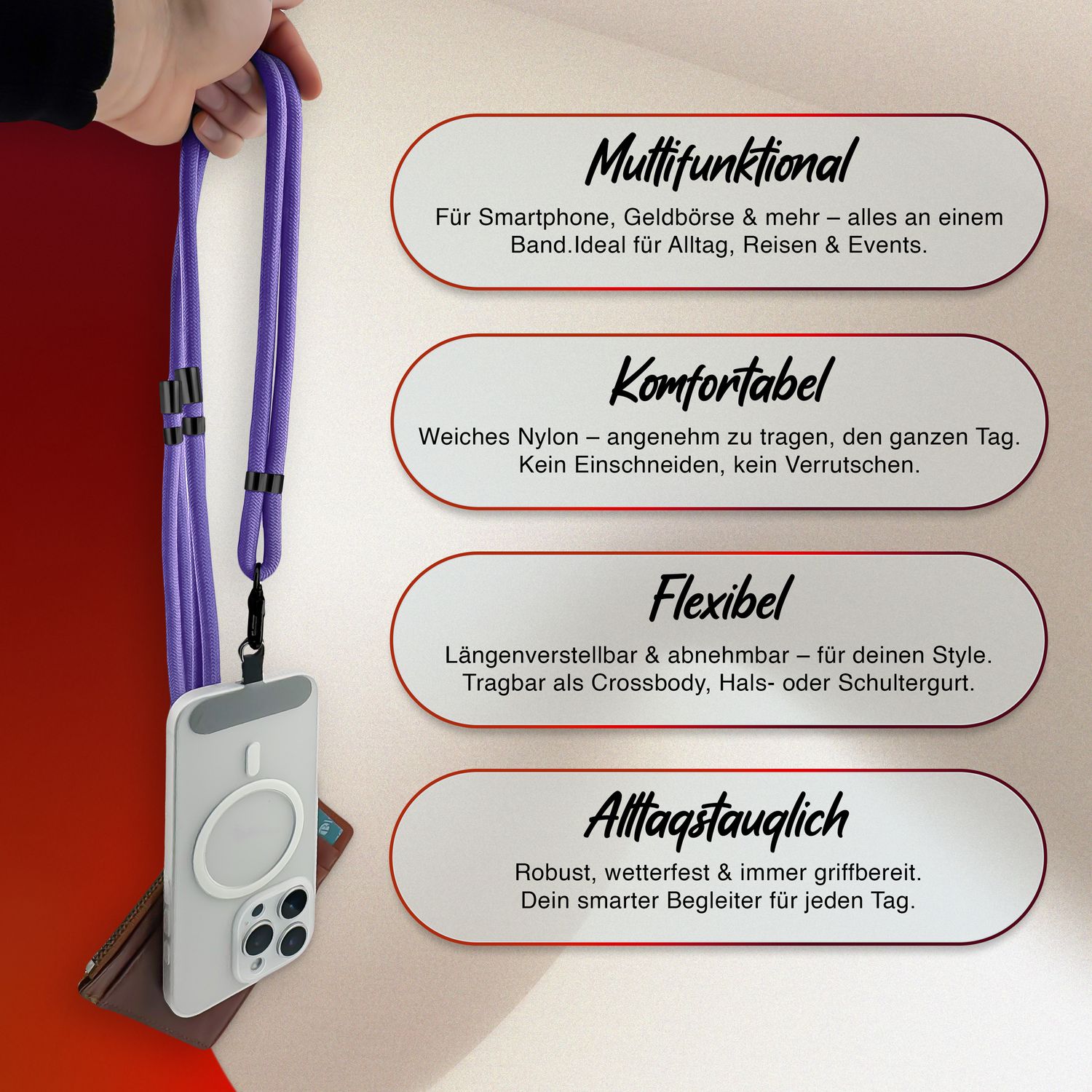 NALIA HoldMe Universal Handykette für Smartphone & Handyhüllen, Nylon-Seil Verstellbar & Abnehmbar, Umhänge-Band, Handyband, Lanyard mit Karabiner & 2 Patches Blau Lila NALIA Universal Handykette