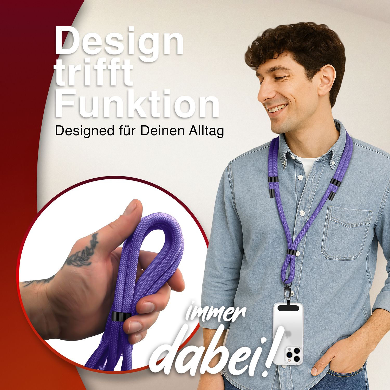 NALIA HoldMe Universal Handykette für Smartphone & Handyhüllen, Nylon-Seil Verstellbar & Abnehmbar, Umhänge-Band, Handyband, Lanyard mit Karabiner & 2 Patches Blau Lila NALIA Universal Handykette