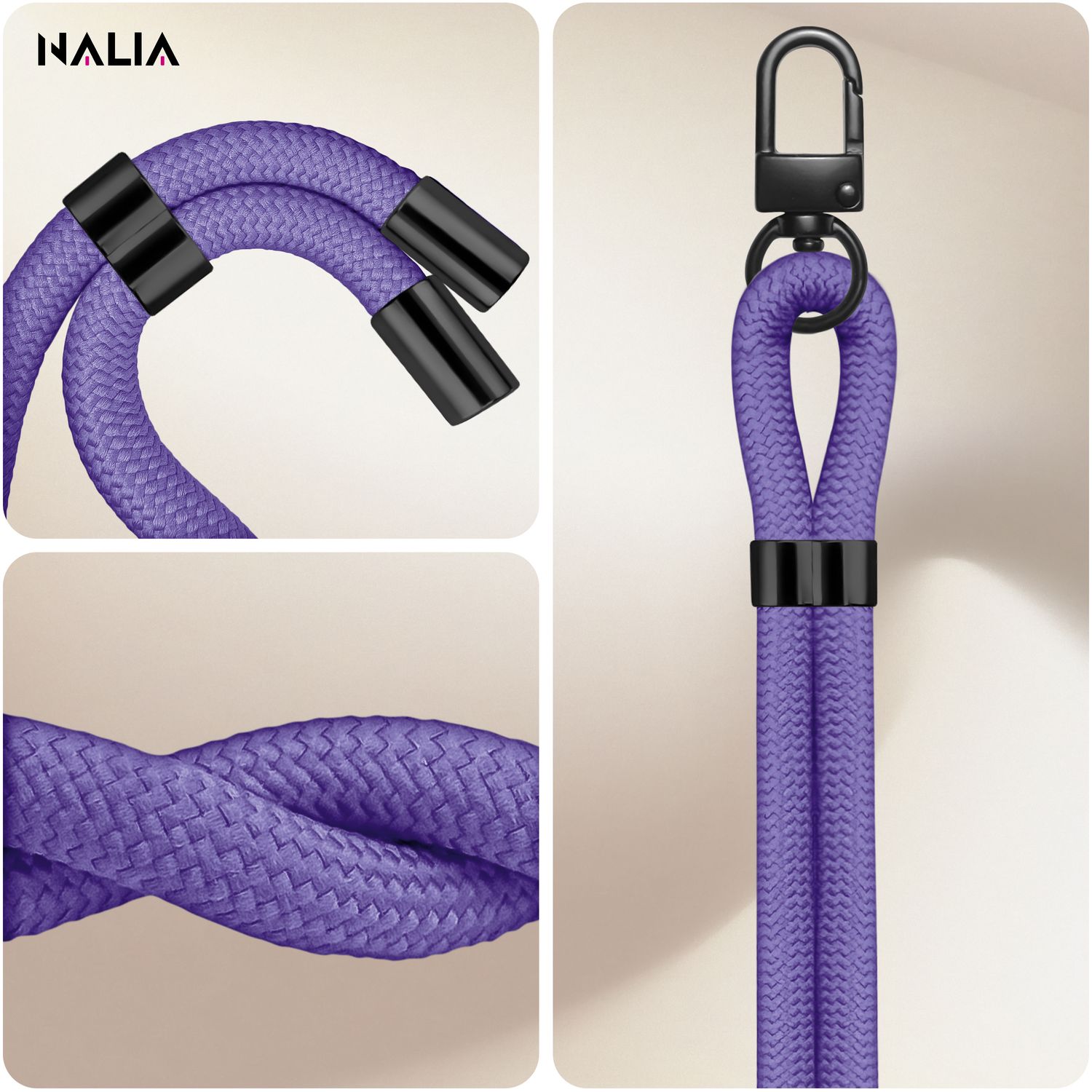 NALIA HoldMe Universal Handykette für Smartphone & Handyhüllen, Nylon-Seil Verstellbar & Abnehmbar, Umhänge-Band, Handyband, Lanyard mit Karabiner & 2 Patches Blau Lila NALIA Universal Handykette